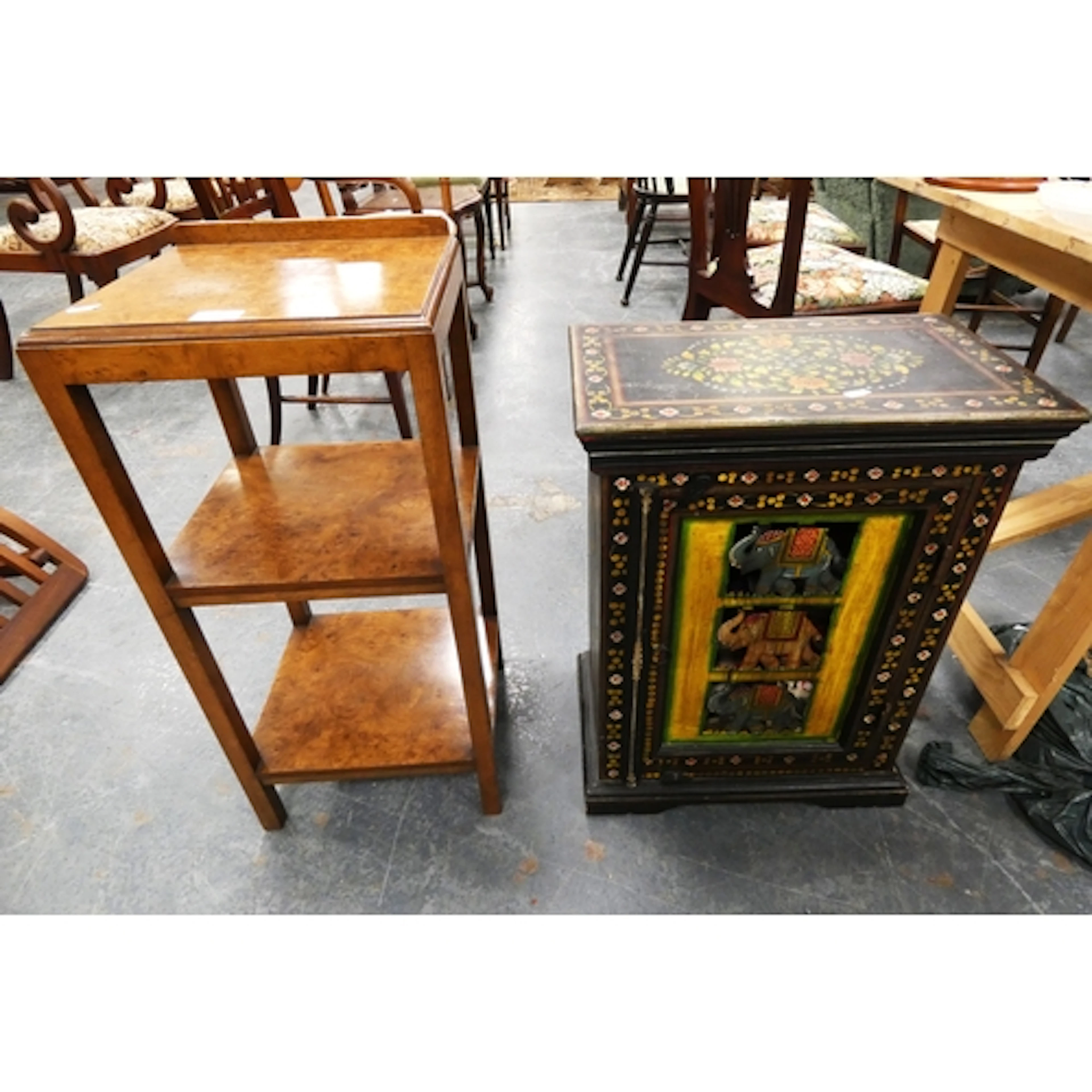 Walnut three tier table and an Asian painted cabinet. (2)