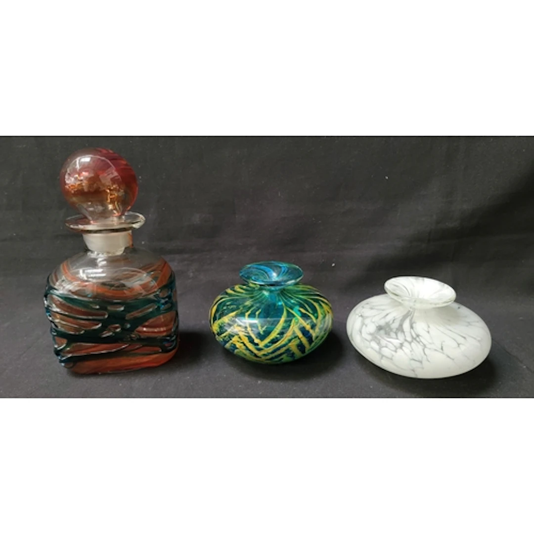 TRIO OF MDINA ART GLASS PIECES comprising a decanter of red...