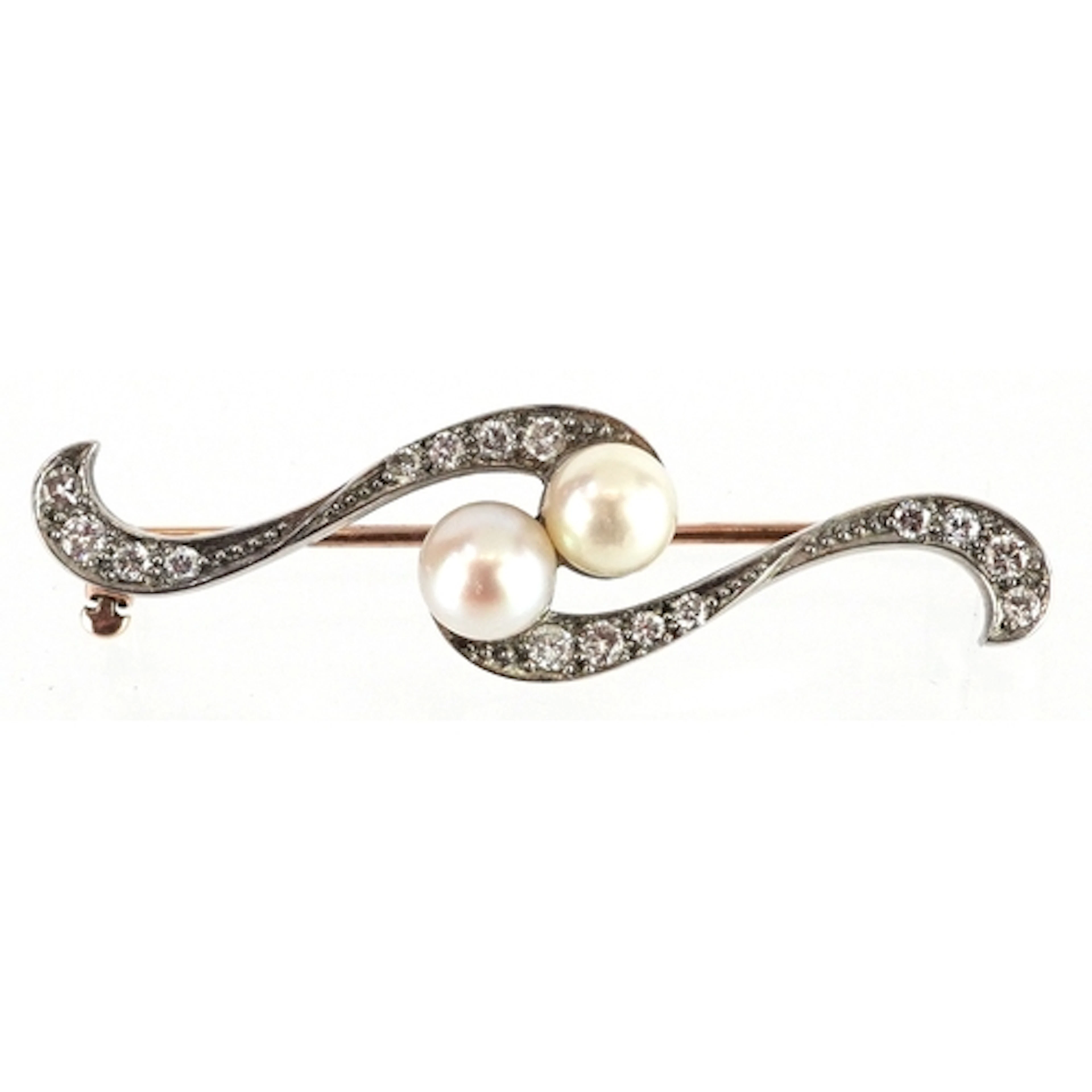 White metal diamond and cultured pearl bar brooch, 4.3cm wid...