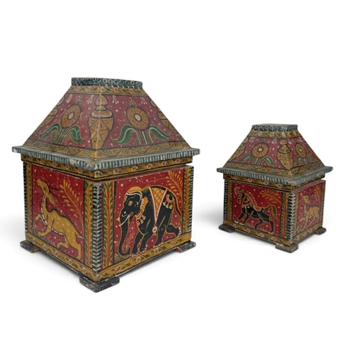 TWO INDIAN PAINTED WOODEN BOXES One filled with glass marble...