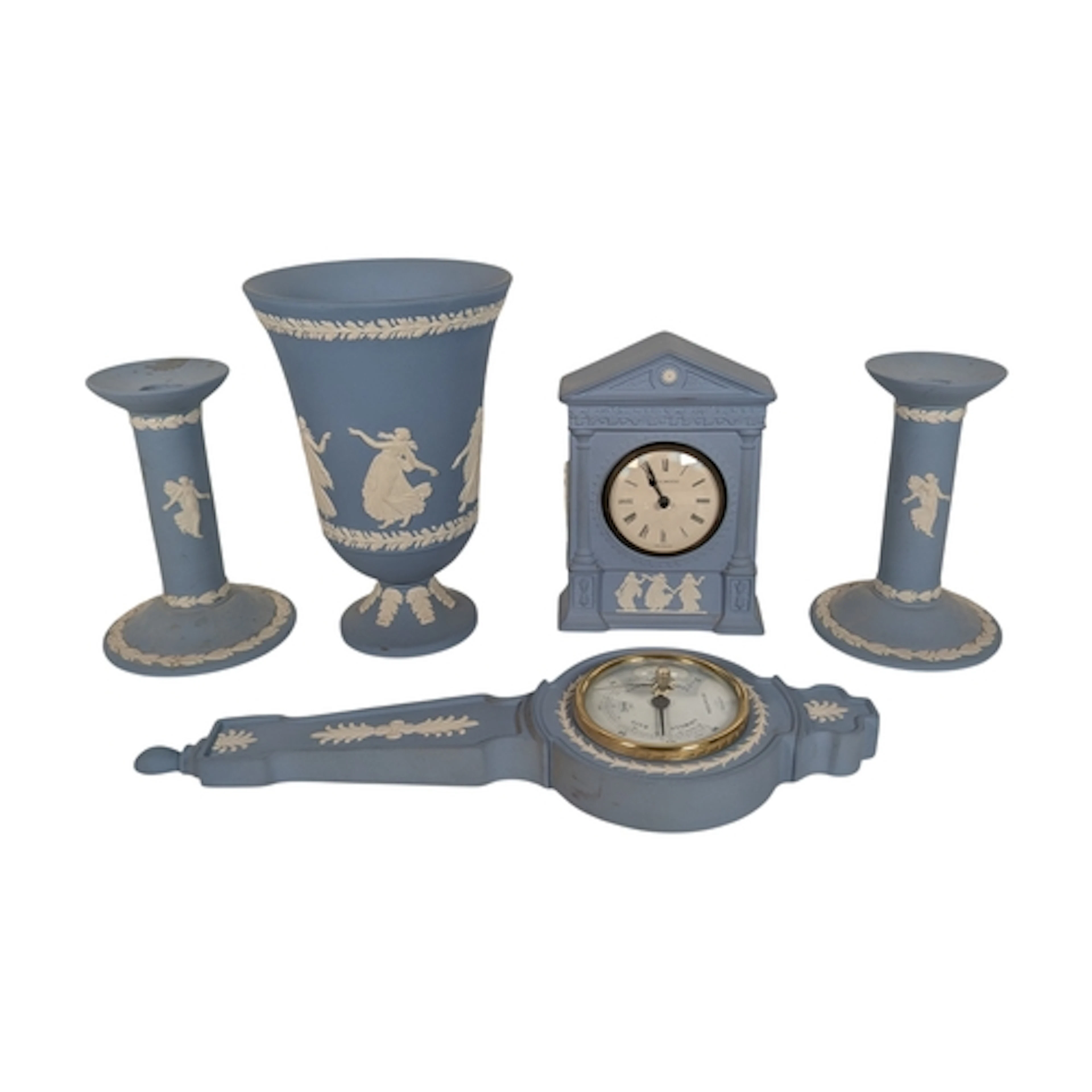 A collection of Wedgwood ceramic blue cameo jasperware. The ...