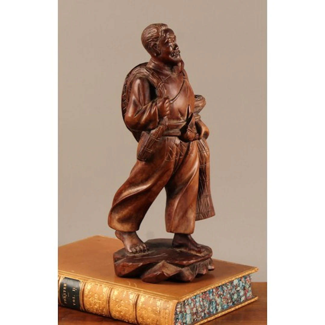 A Japanese hardwood carving, of a fisherman, 26cm high, earl...