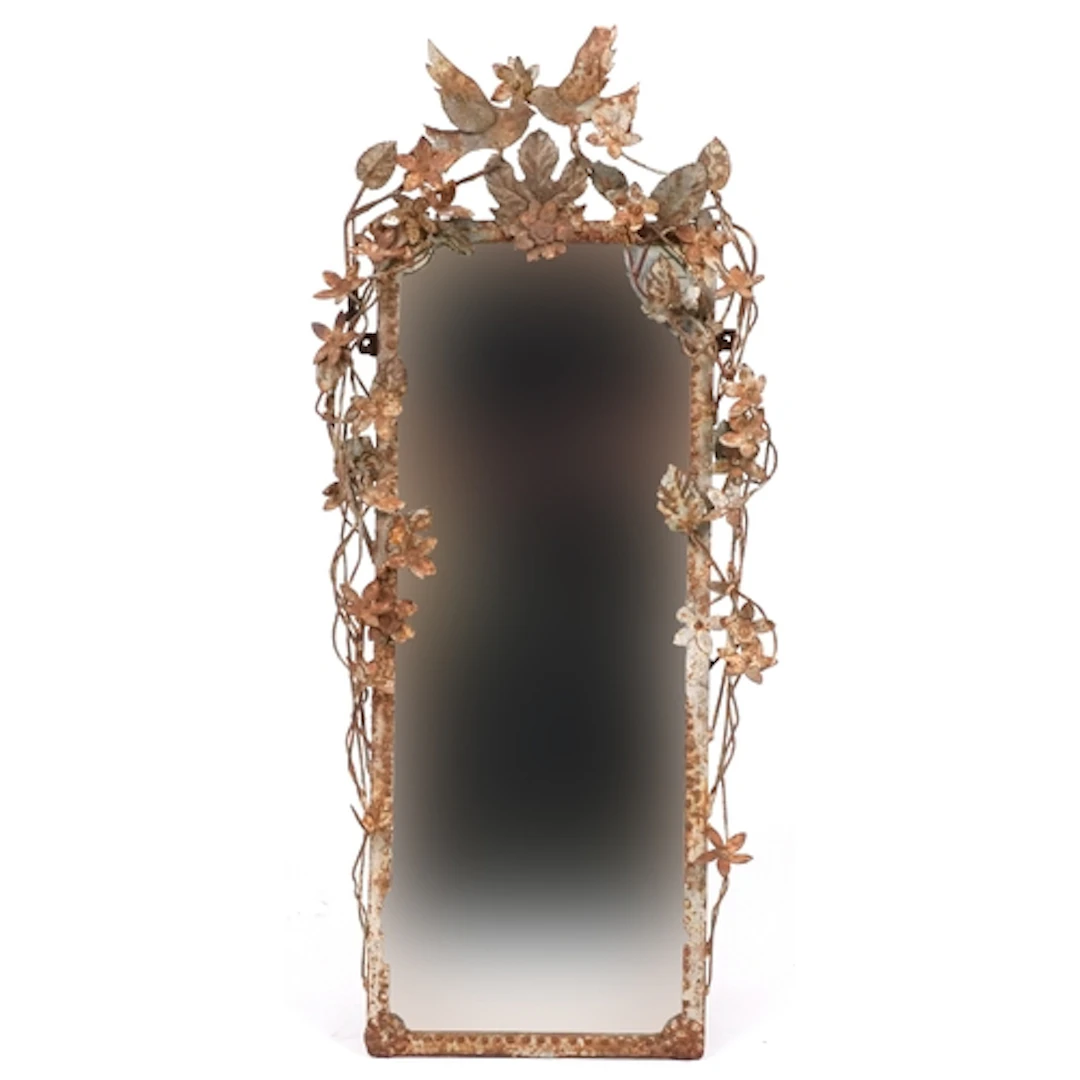 Vintage painted metal wall mirror decorated with two birds a...