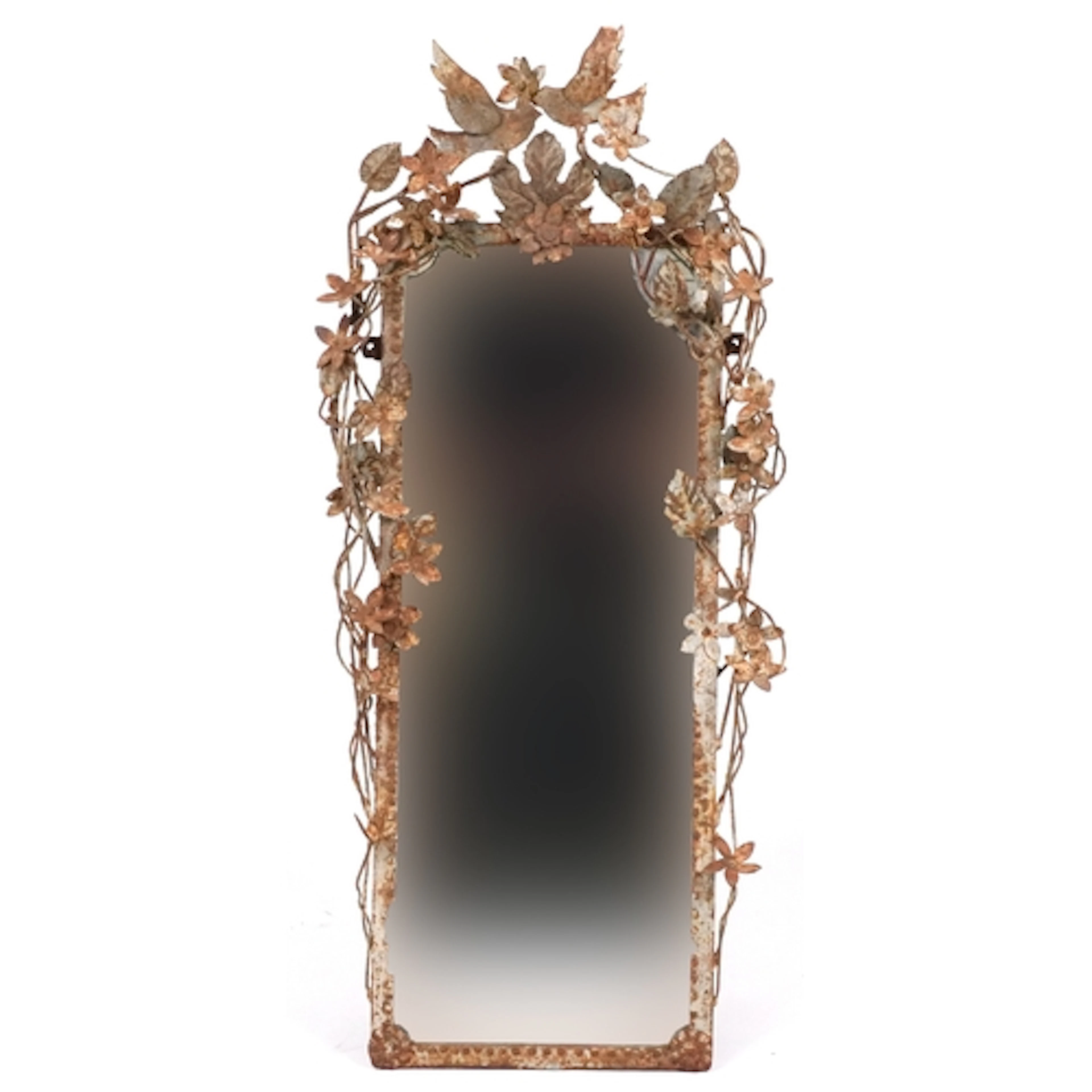 Vintage painted metal wall mirror decorated with two birds a...