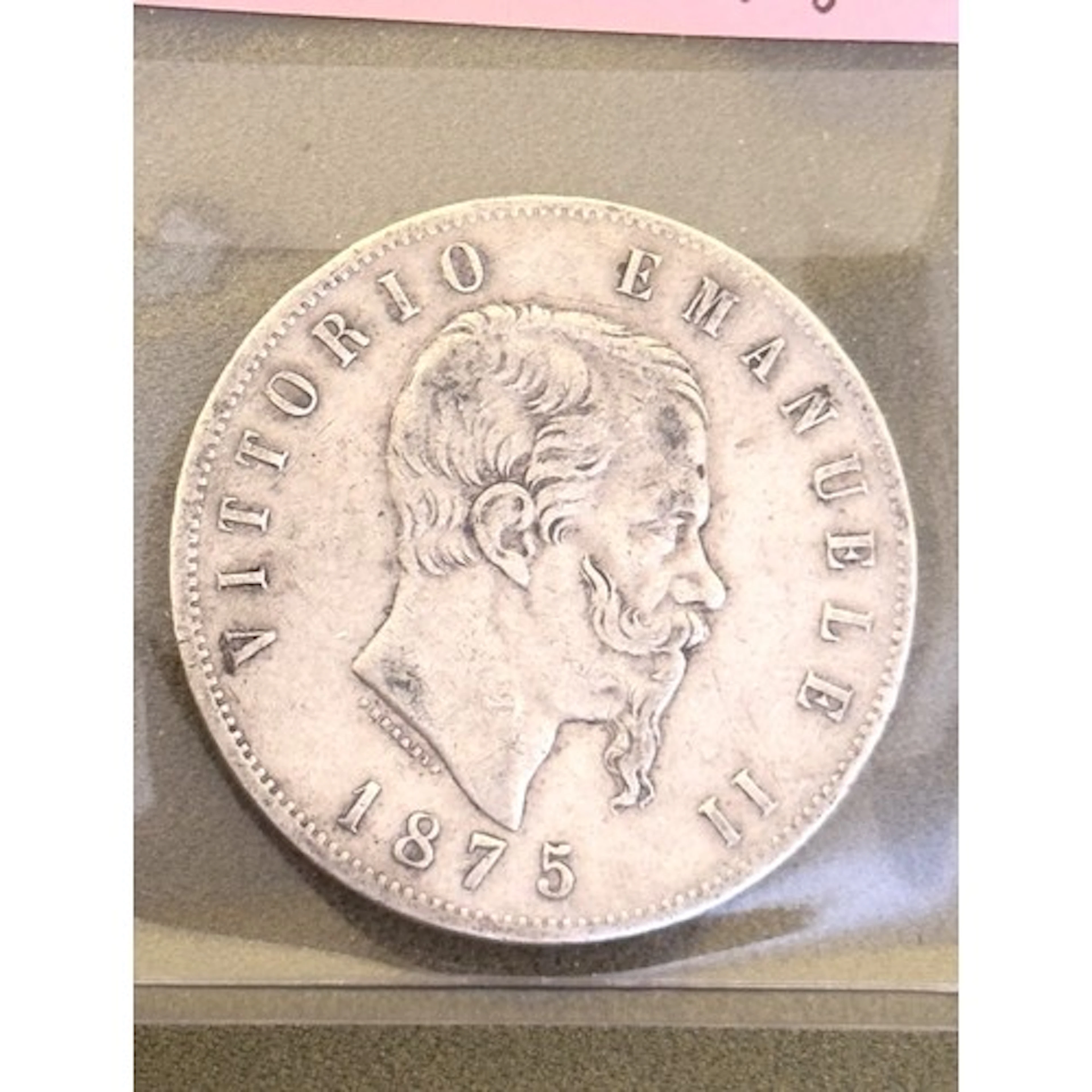 Silver Italian 5 Lire Coin, Vittorio Emanuele II 1875