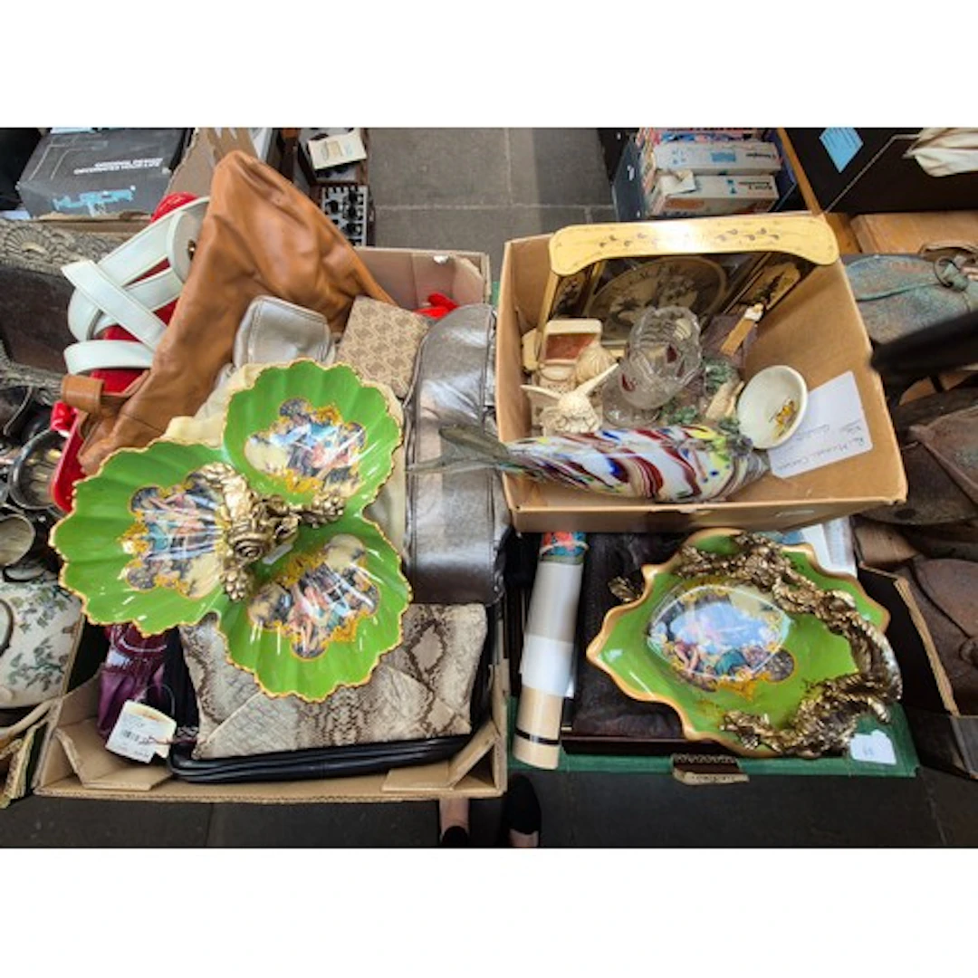 2 boxes of mixed items to include a box of handbags and purs...