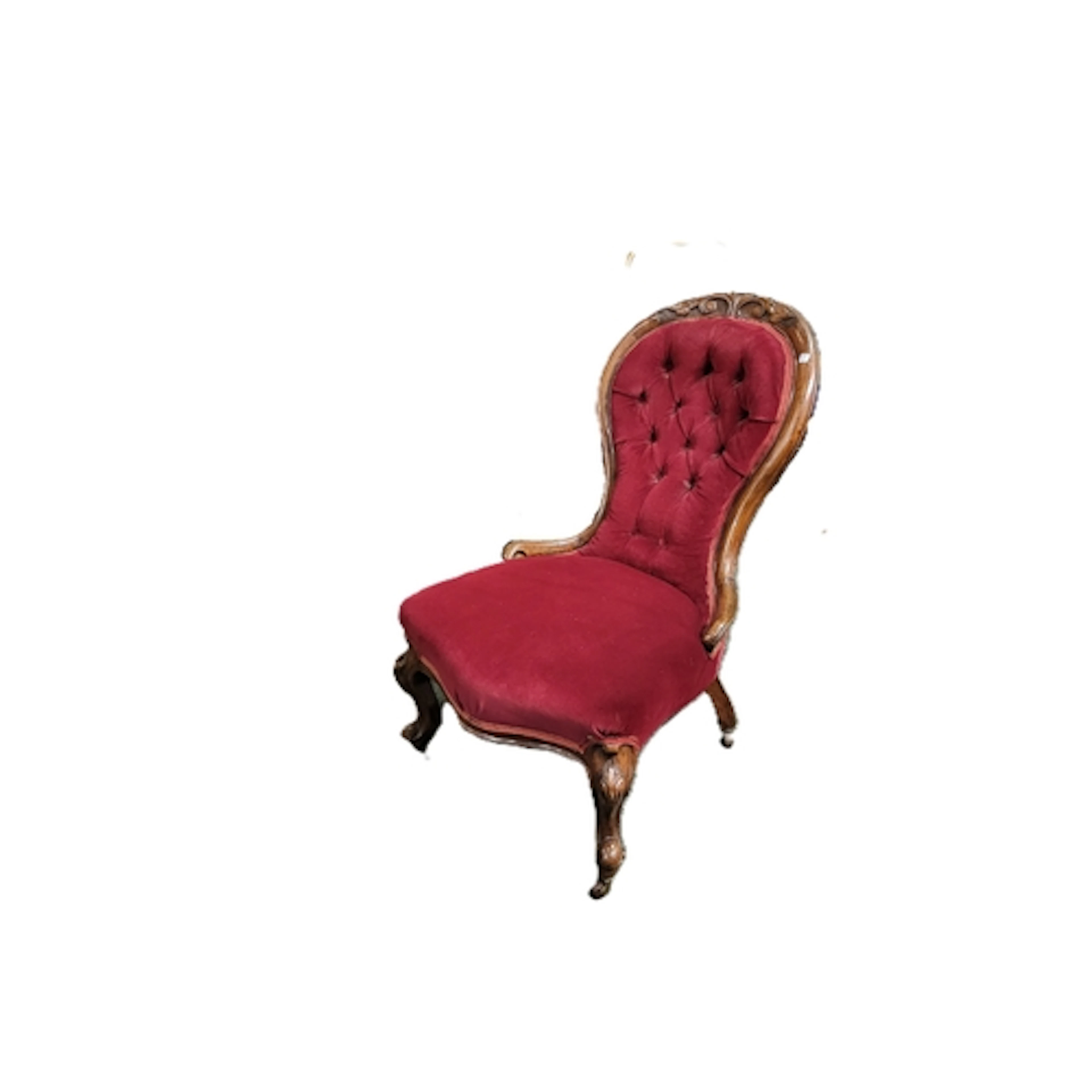 A VICTORIAN CARVED SPOON BACKED UPHOLSTERED CHAIR, red butto...