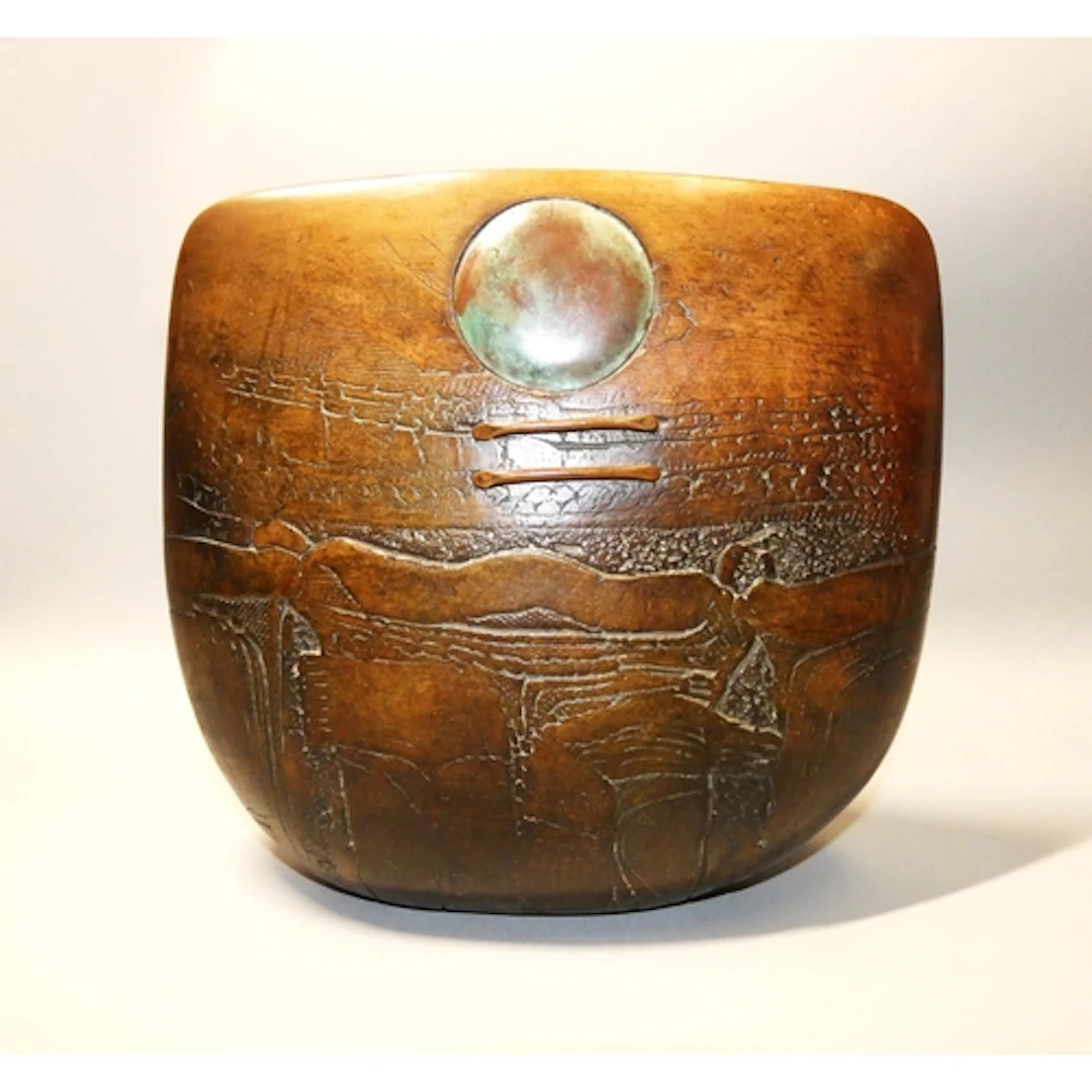 PETER HAYES, BRITISH B.1946, A Raku fired ceramic bow form s...