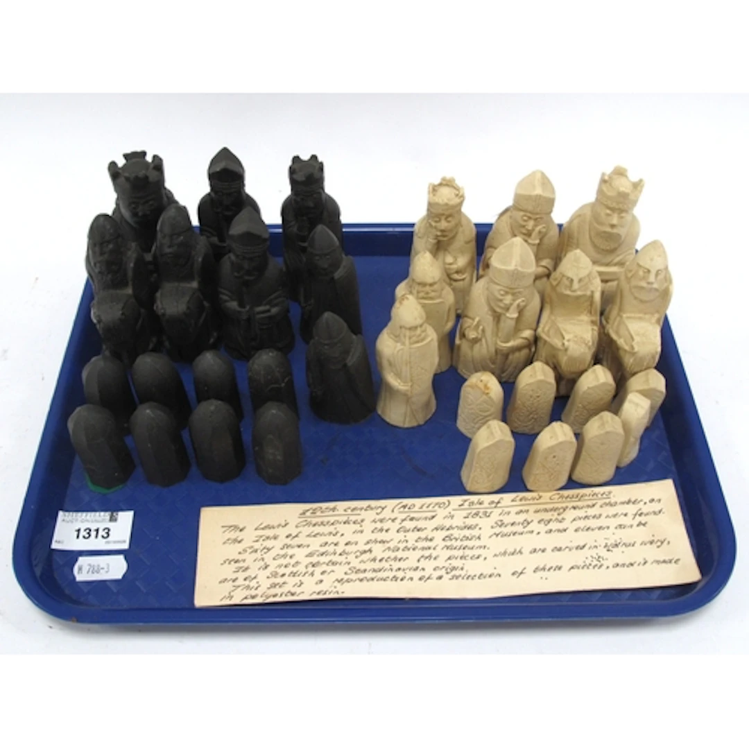 A Set of Dark and Cream-Coloured Polyester Resin Lewis Chess...