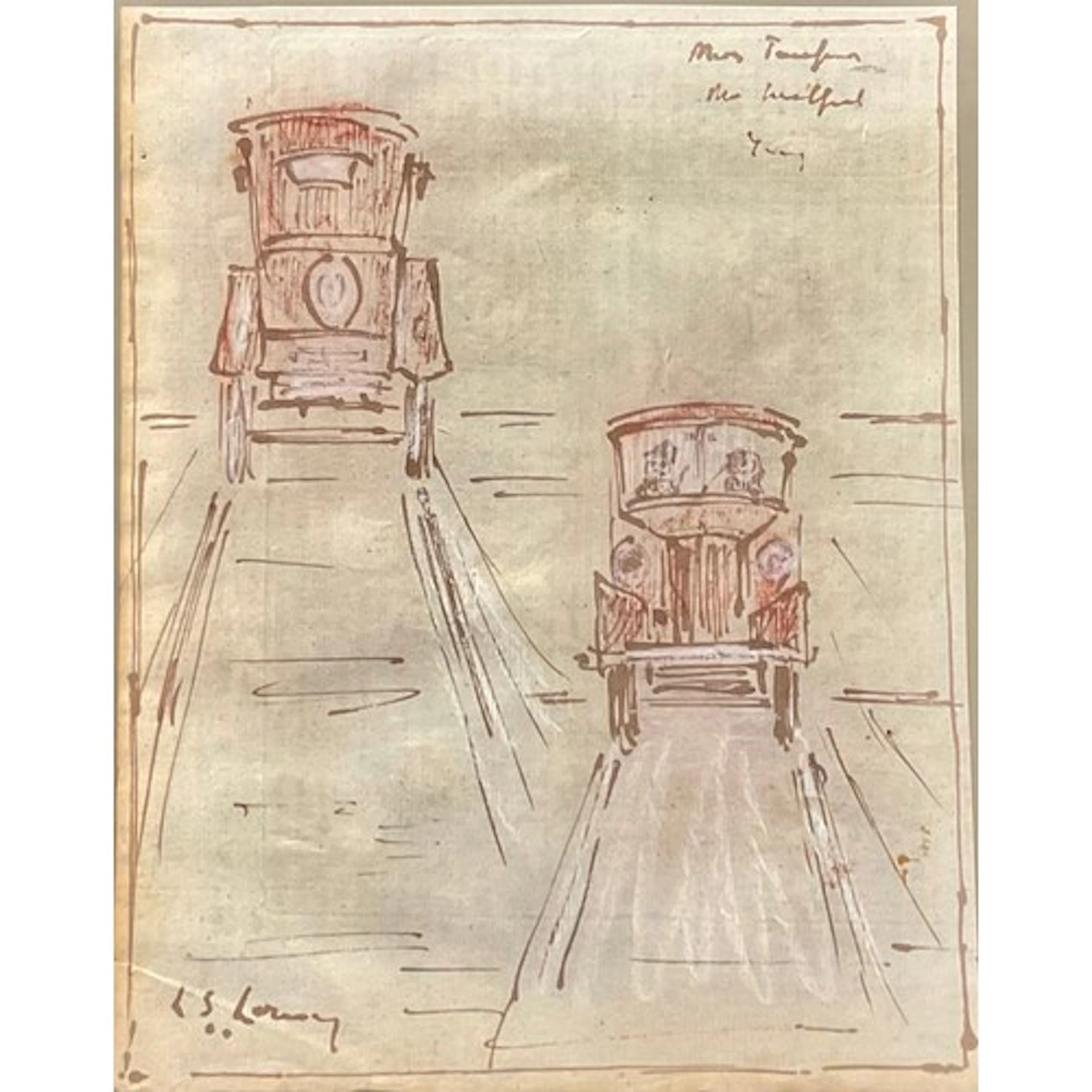 After LS Lowry Automobiles sepia pen and ink 17cm x 22cm