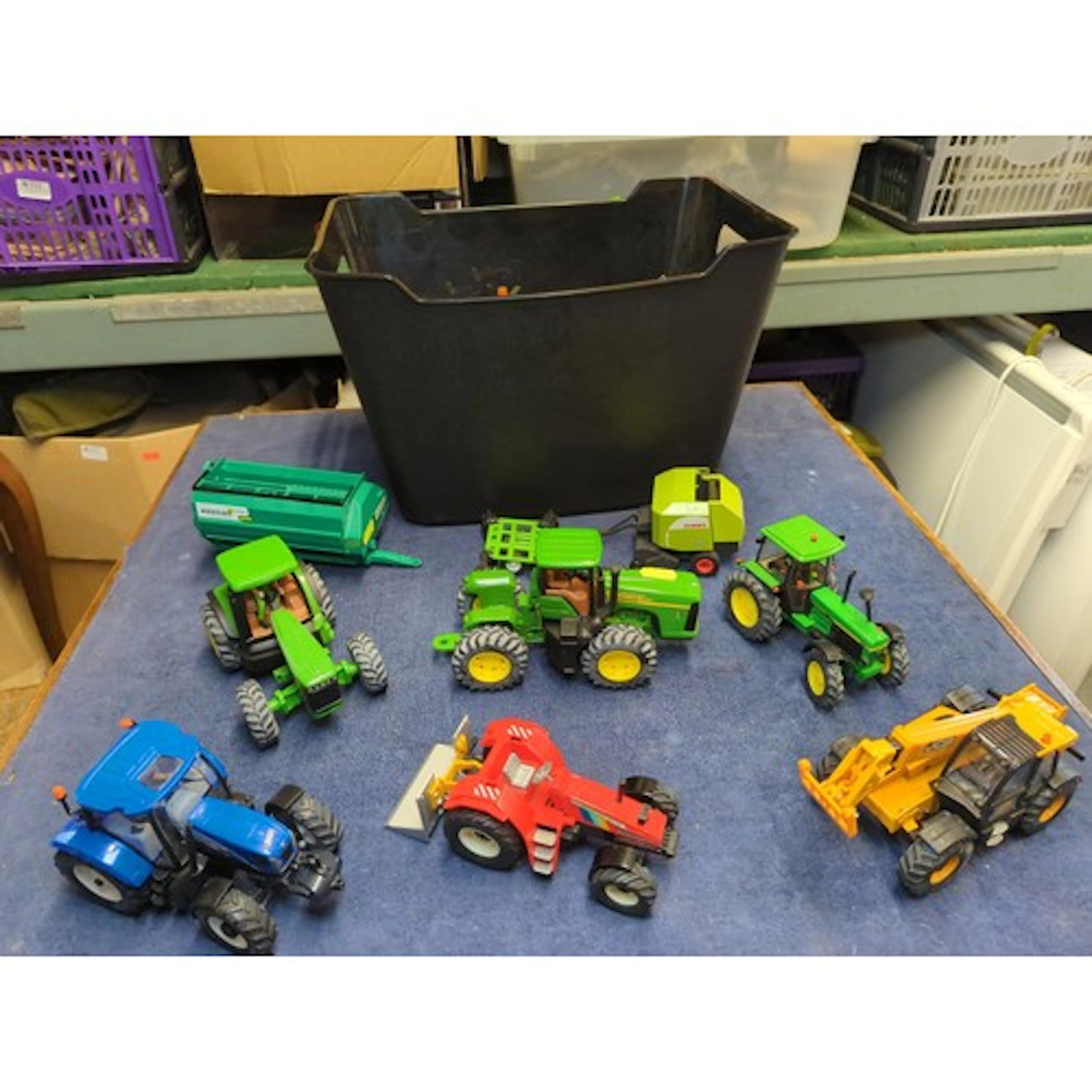 Tub of toy farm equipment & vehicles including Ertl, Joh...