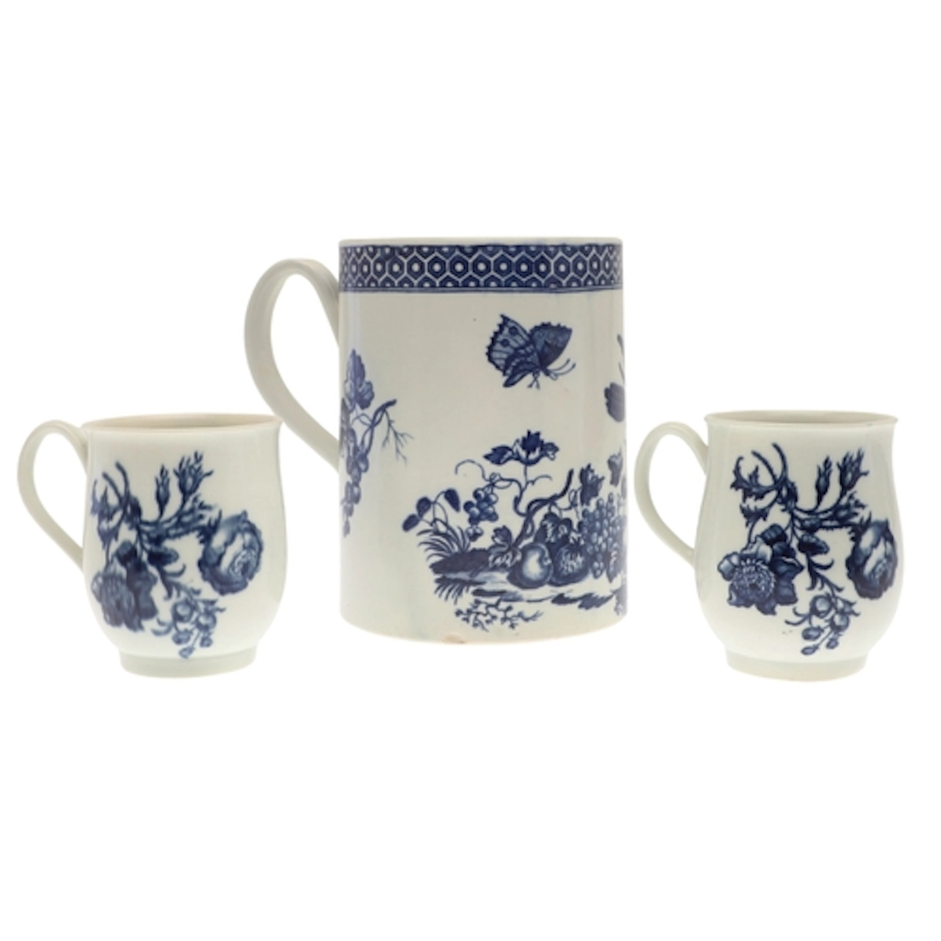 18THC WORCESTER PORCELAIN MUG, & PAIR OF SMALLER BELL SHAPED...