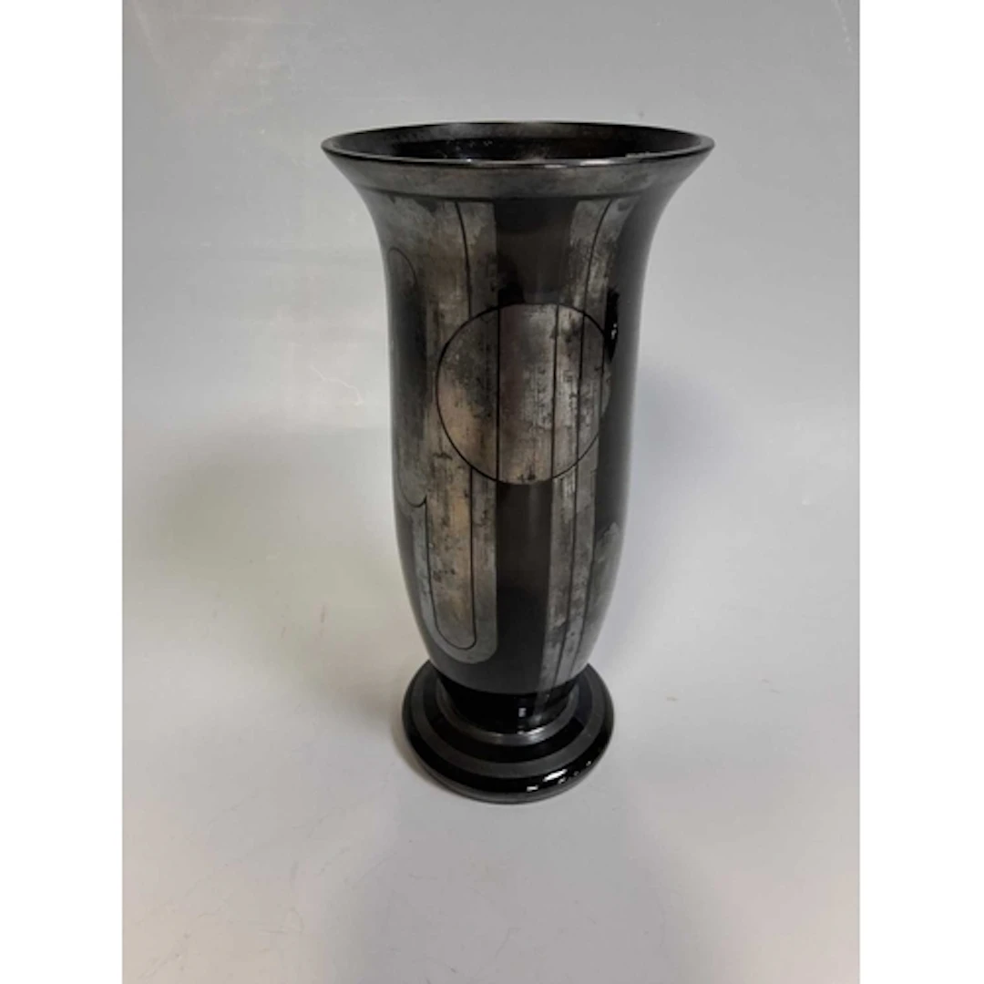AN ART DECO BLACK HYALITE GLASS VASE BY MICHEL HERMAN (HEM),...