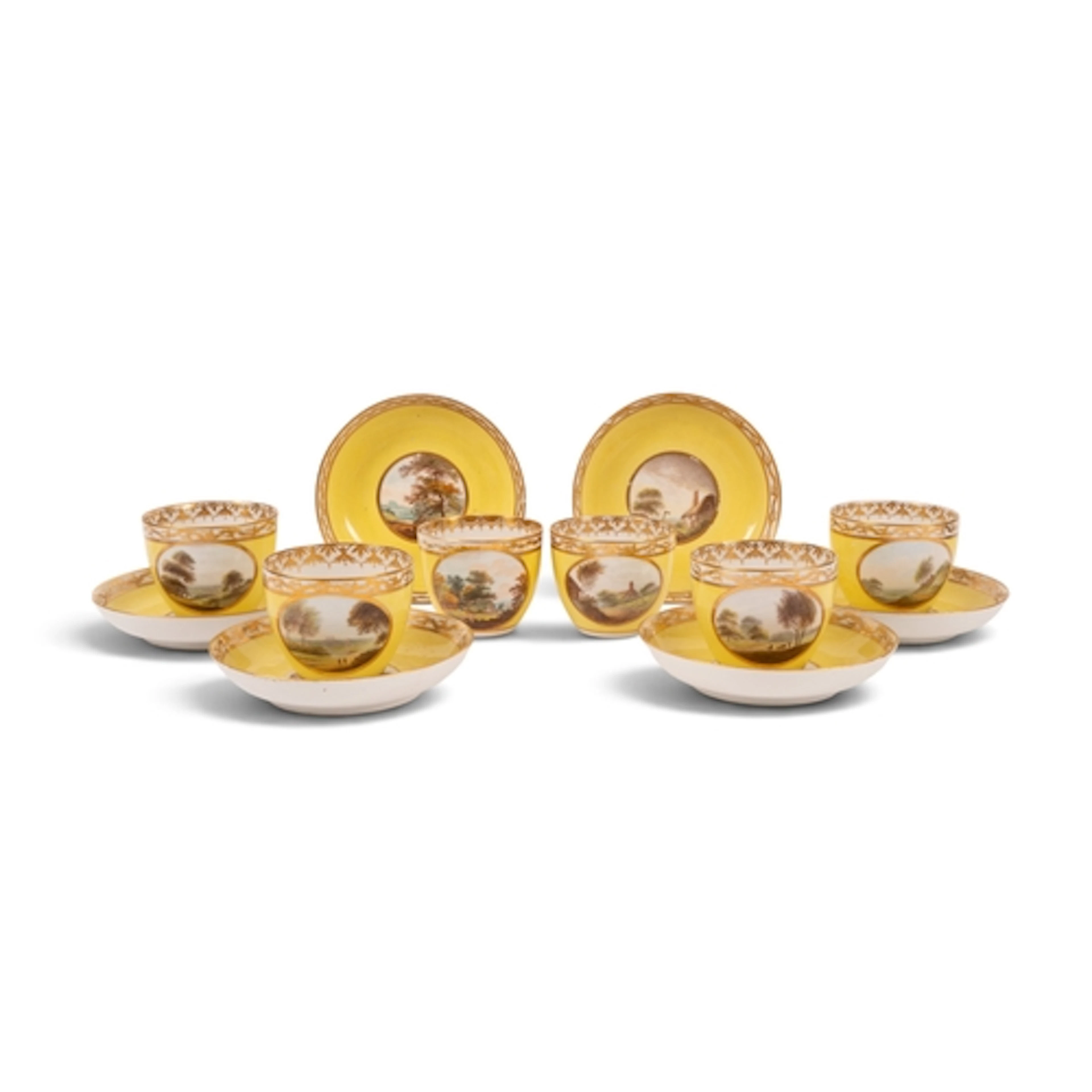 Six Derby yellow-ground tea cups and saucers, c.1800, painte...