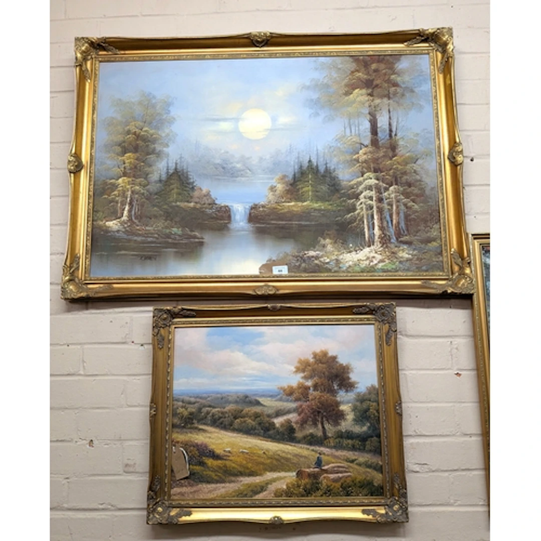 Large gilt framed oil painting of a river and forest scene a...