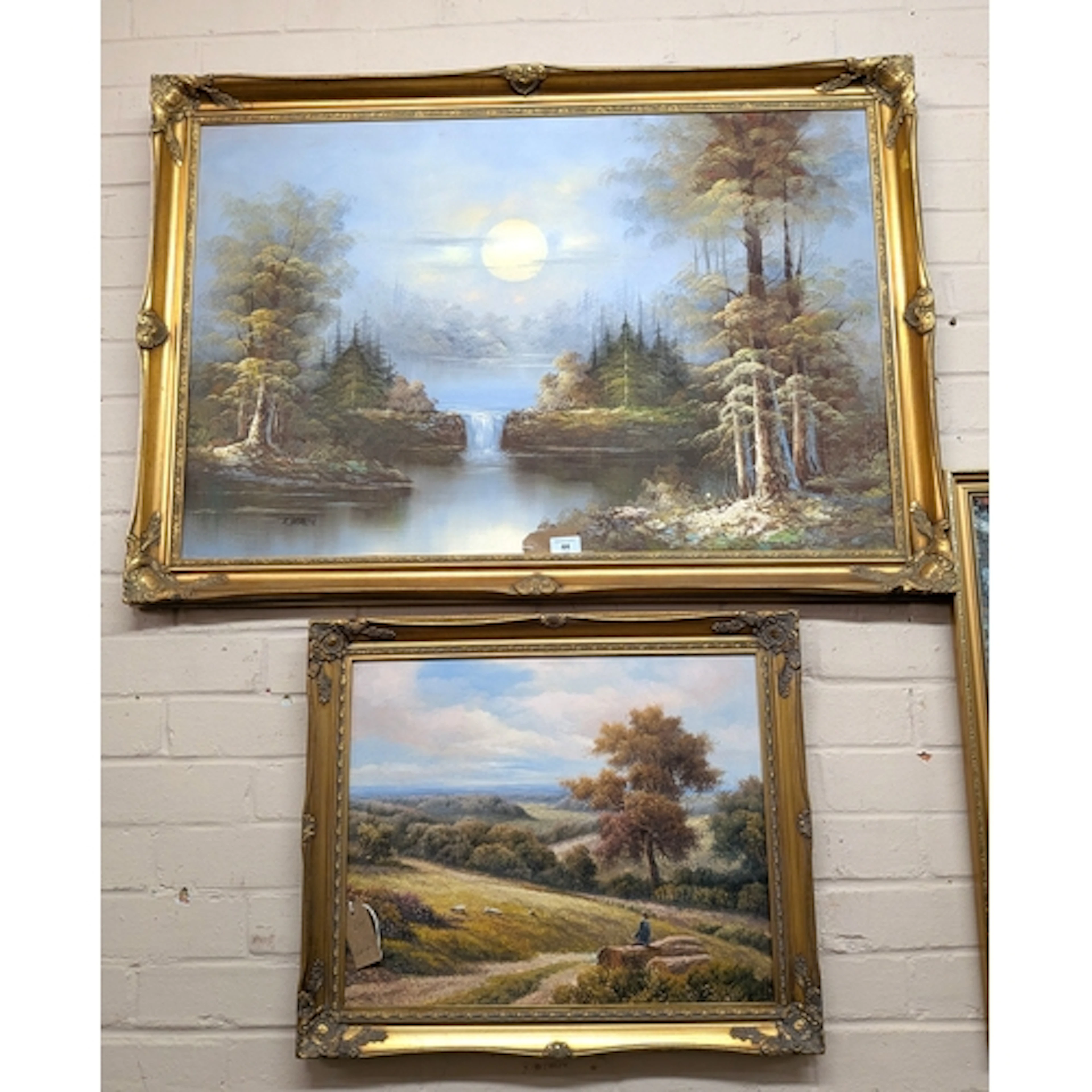Large gilt framed oil painting of a river and forest scene a...