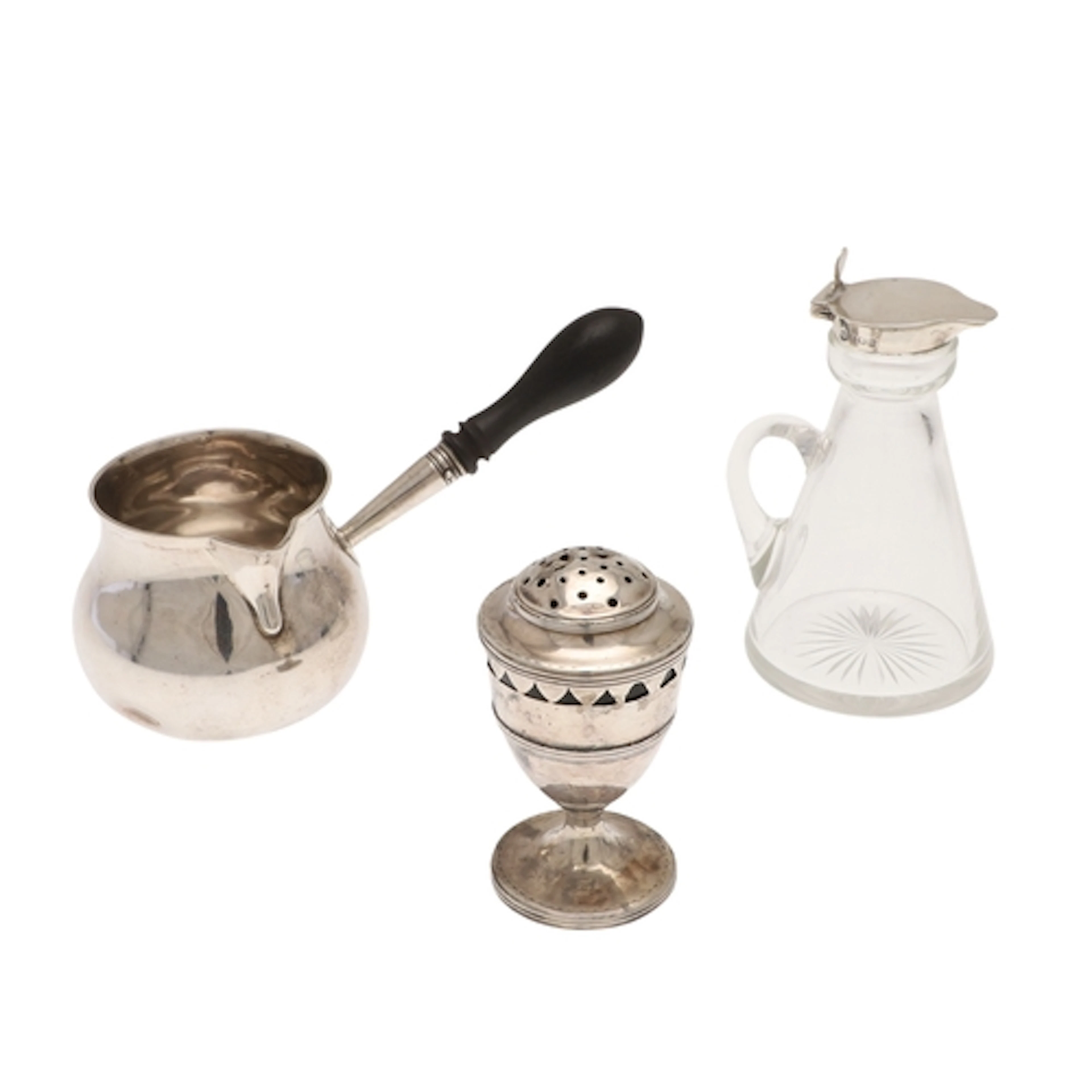 A GEORGE III SILVER MUFFINEER, A SMALL BRANDY WARMING PAN AN...