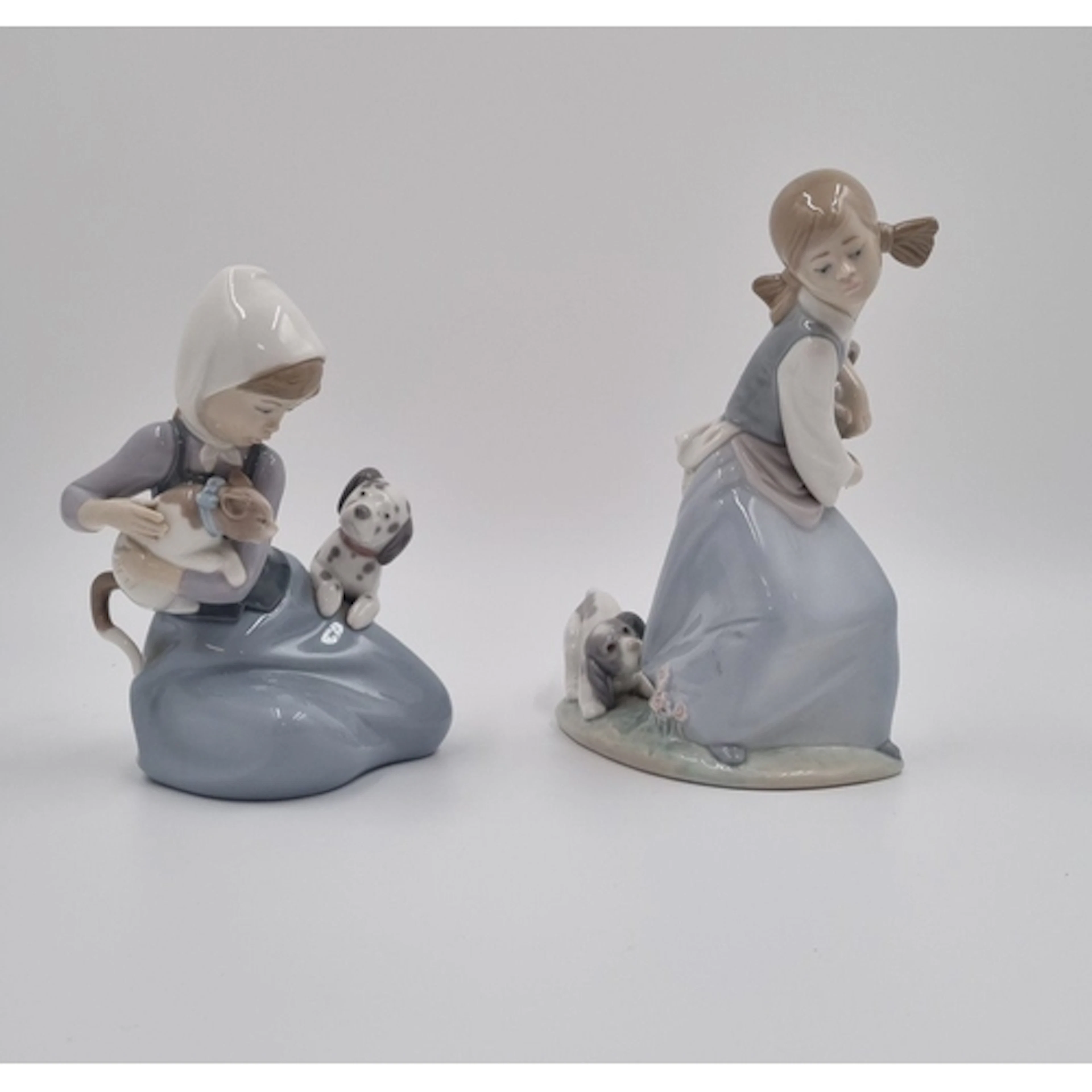 Pair of Lladro Porcelain Girl-and-Puppy Figurines H:20cm