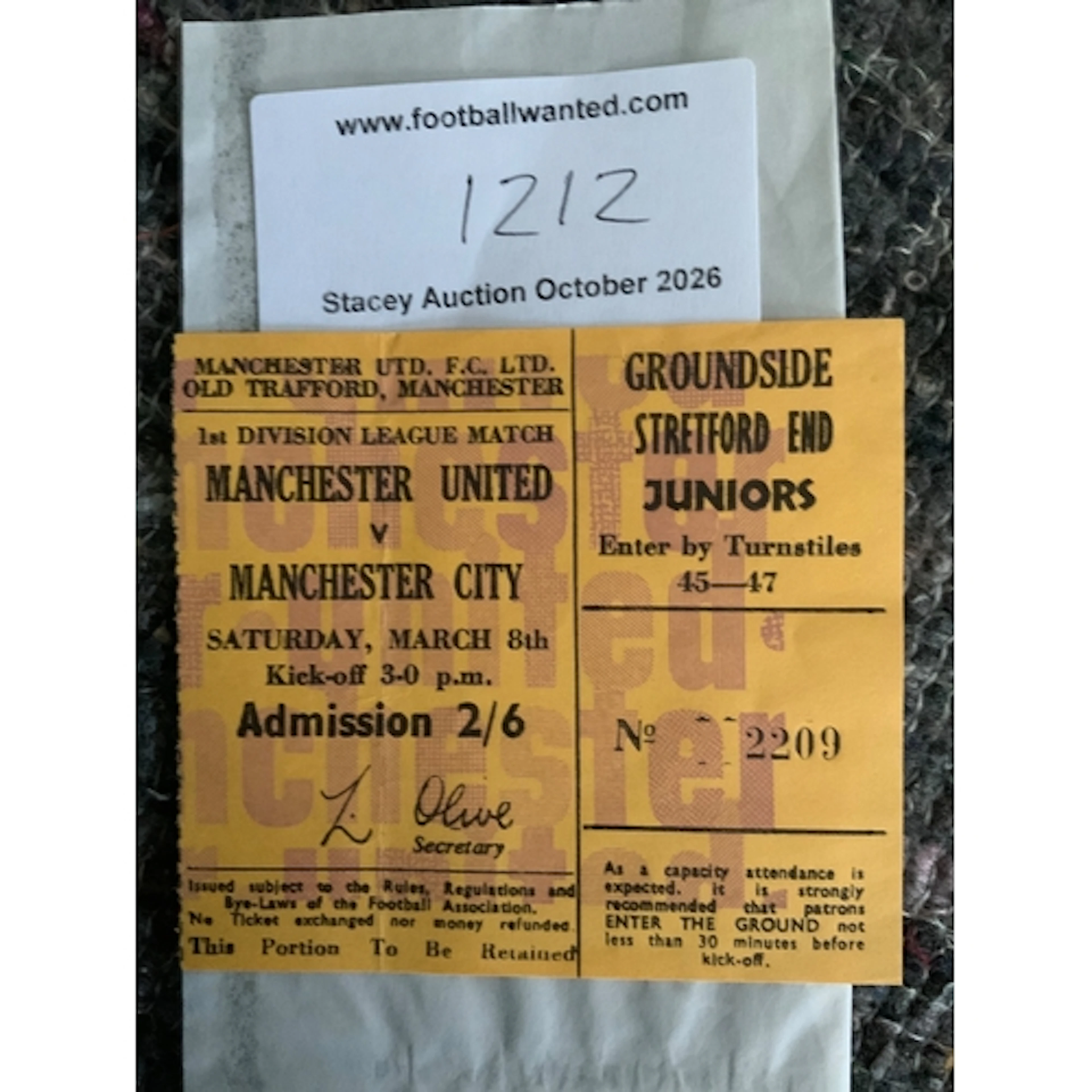 1968/69 Manchester United v Man City Yellow Football Ticket:...
