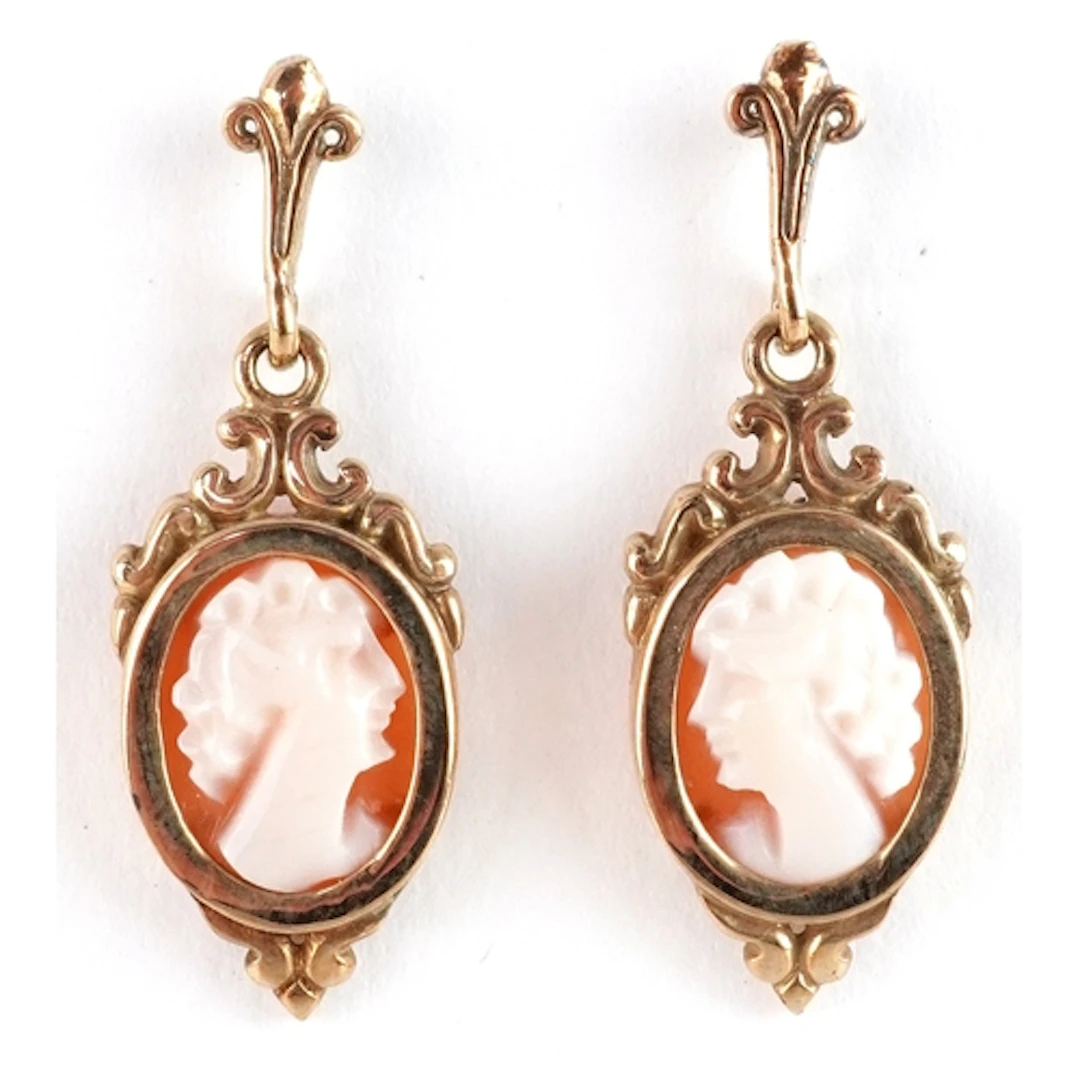 Pair of 9ct gold cameo shell drop earrings carved with maide...