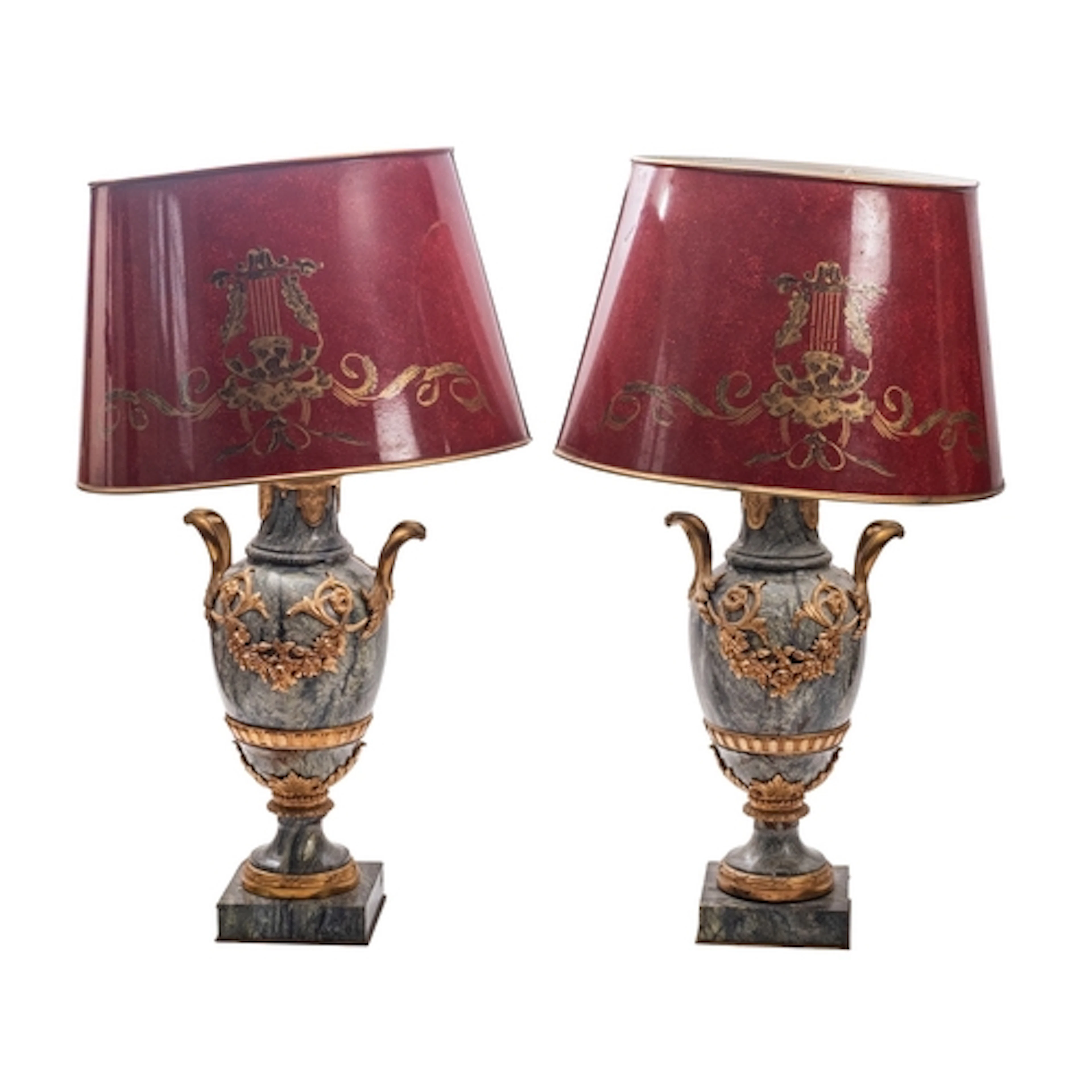 A pair of mottled green marble and gilt bronze mounted urns ...