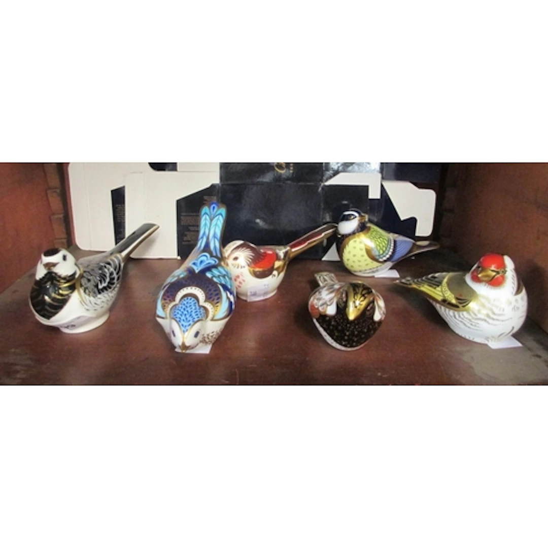 Group of six Royal Crown Derby paperweights, ' Pied Wagtail ...