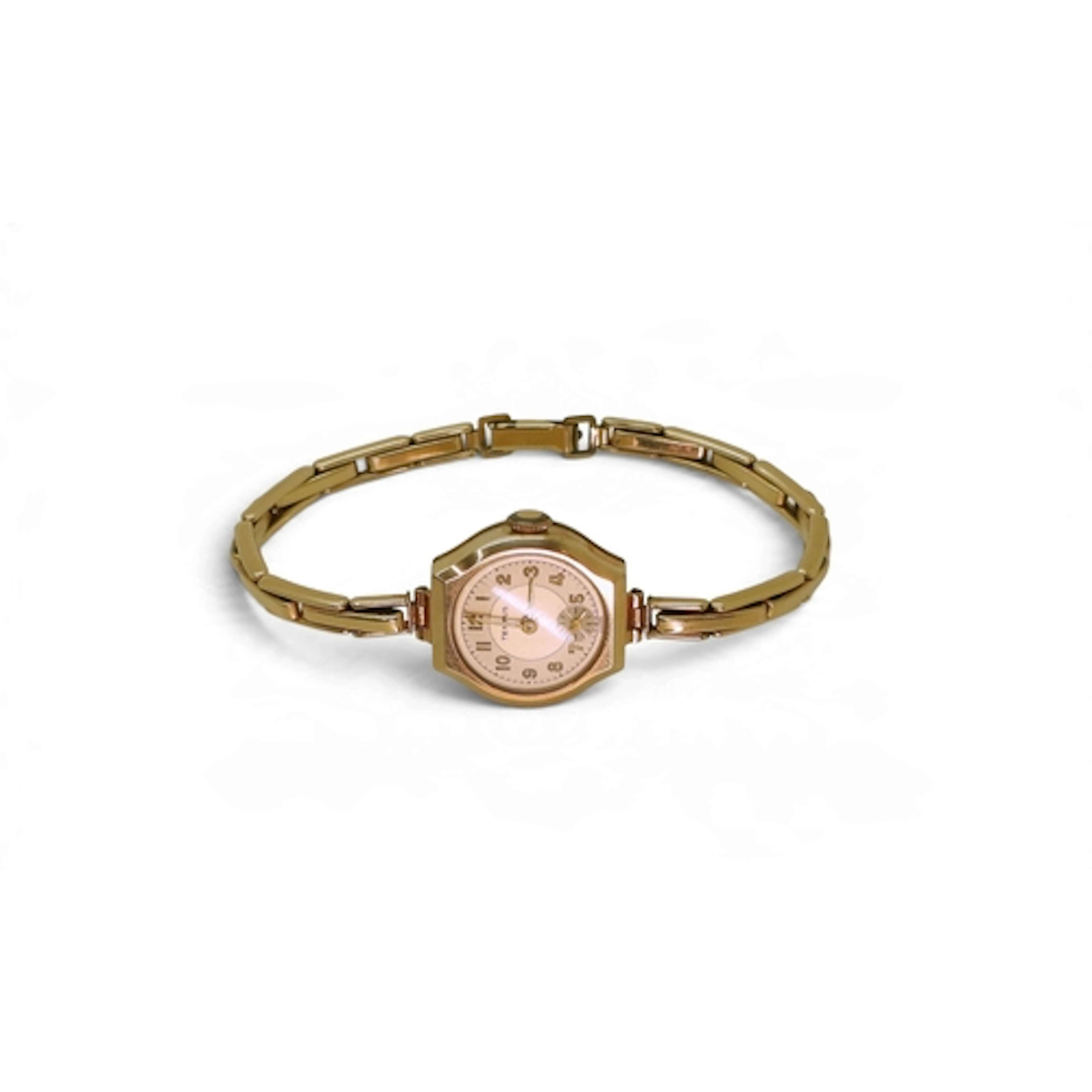A 9ct gold case Tempus ladies watch with a rolled gold strap...