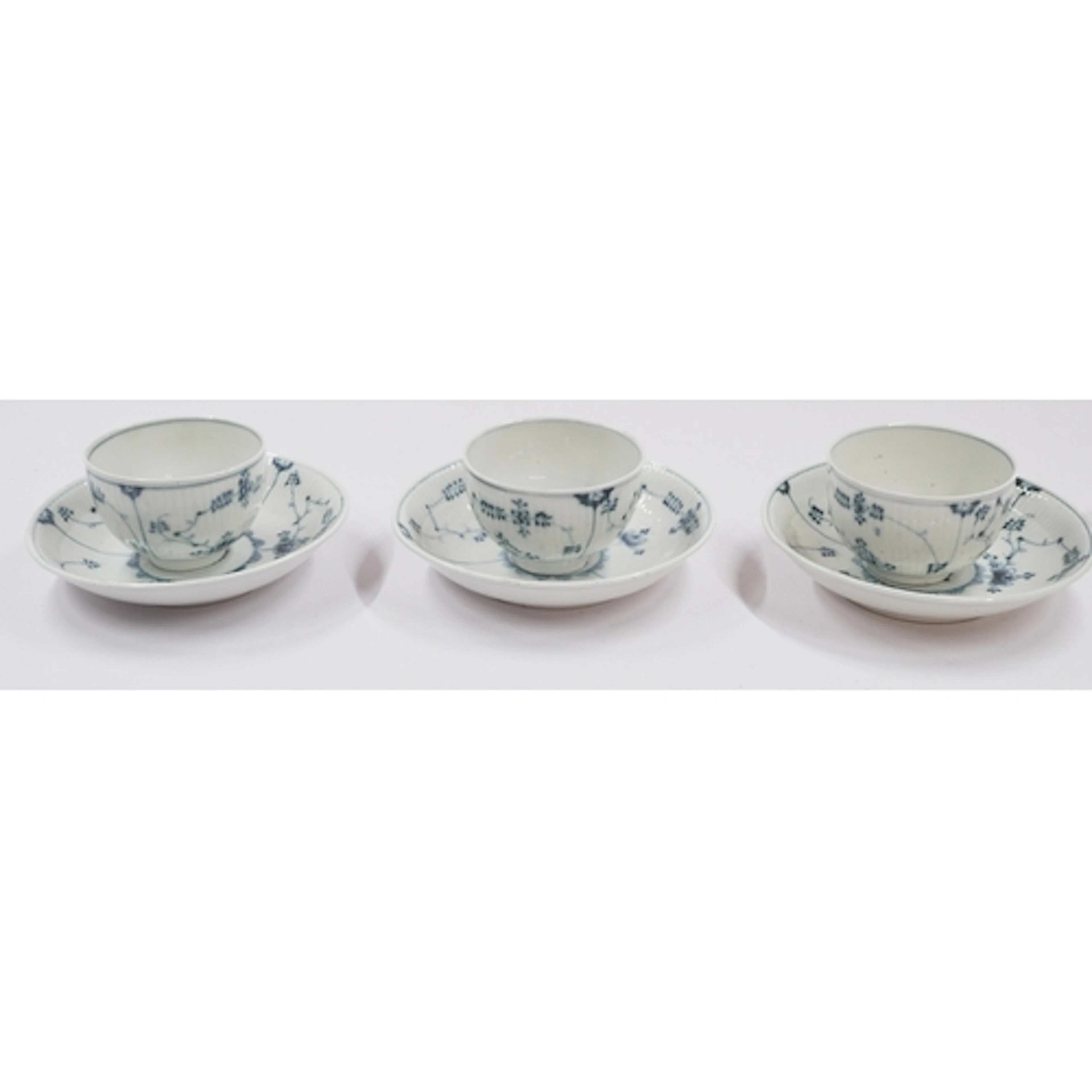 Three Frankenthal teabowls and saucers, c.1770, of reeded fo...