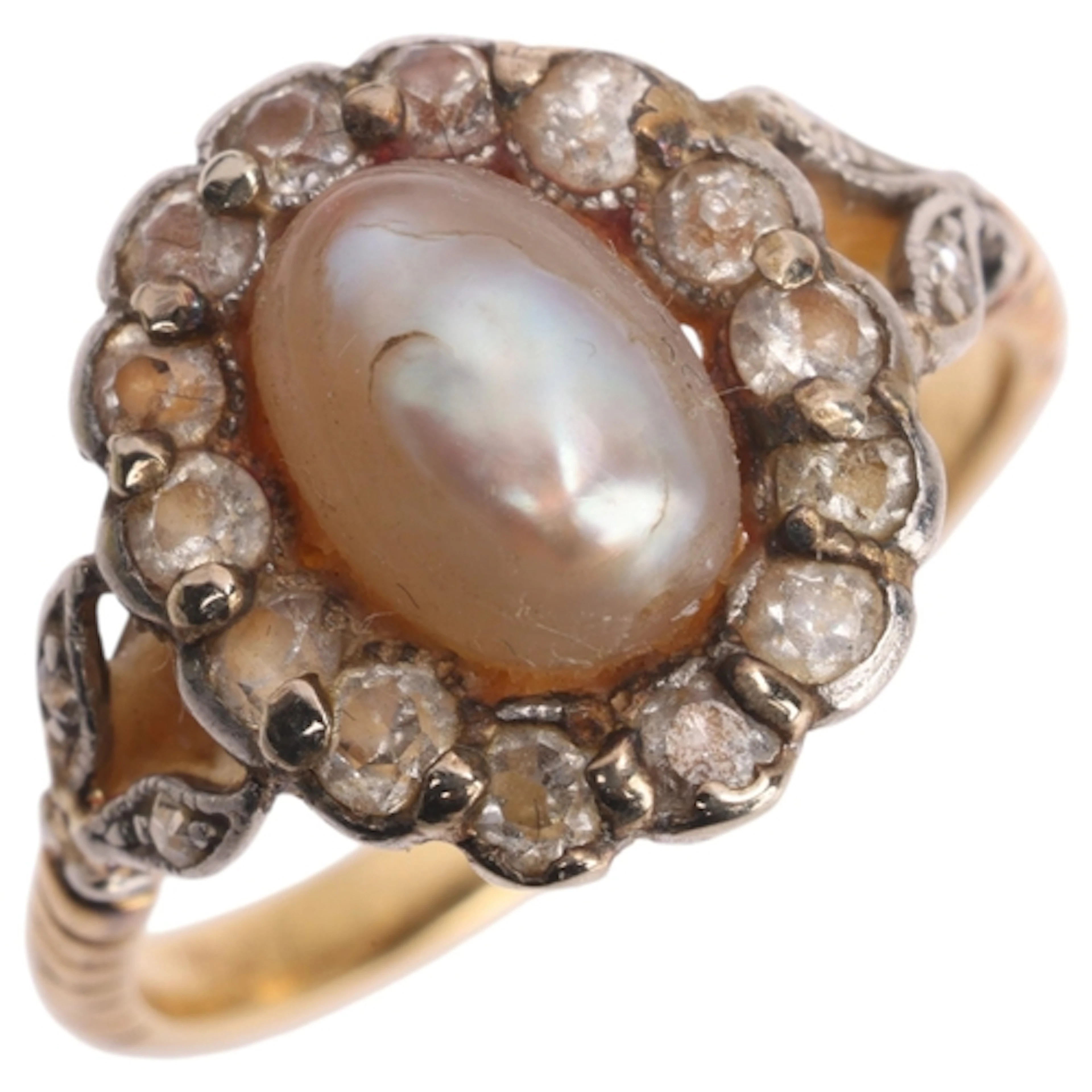An Antique Victorian natural pearl and diamond cluster ring,...