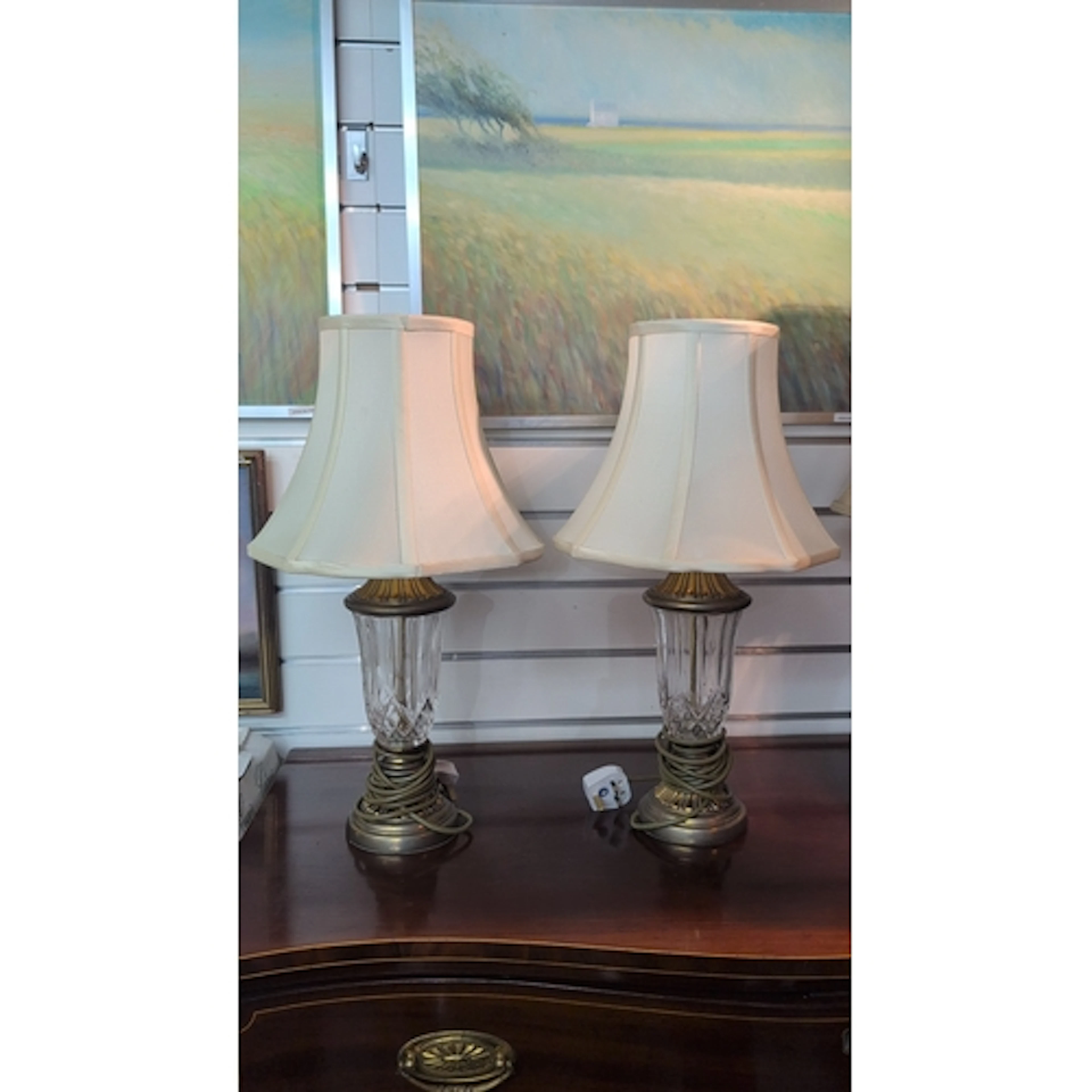 A pair of Laura Ashley table lamps, each with faceted glass ...