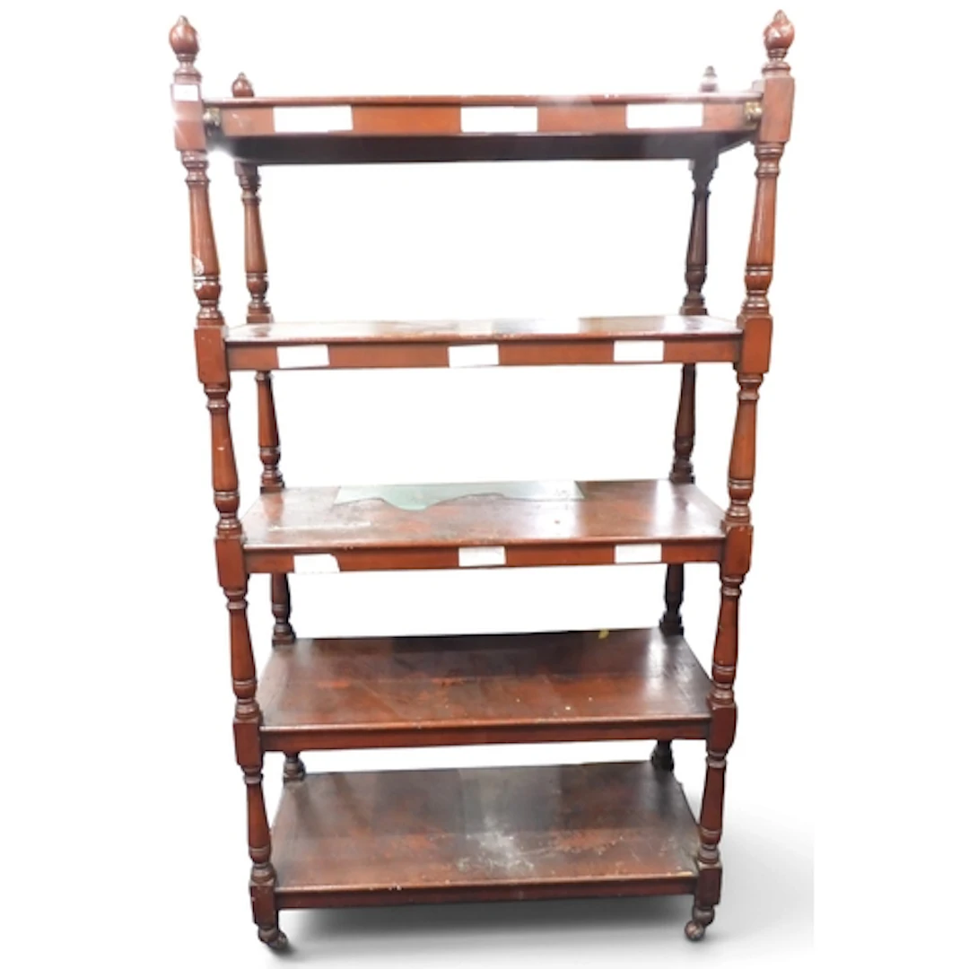 A large five tier Victorian mahogany What-not/shelves with o...