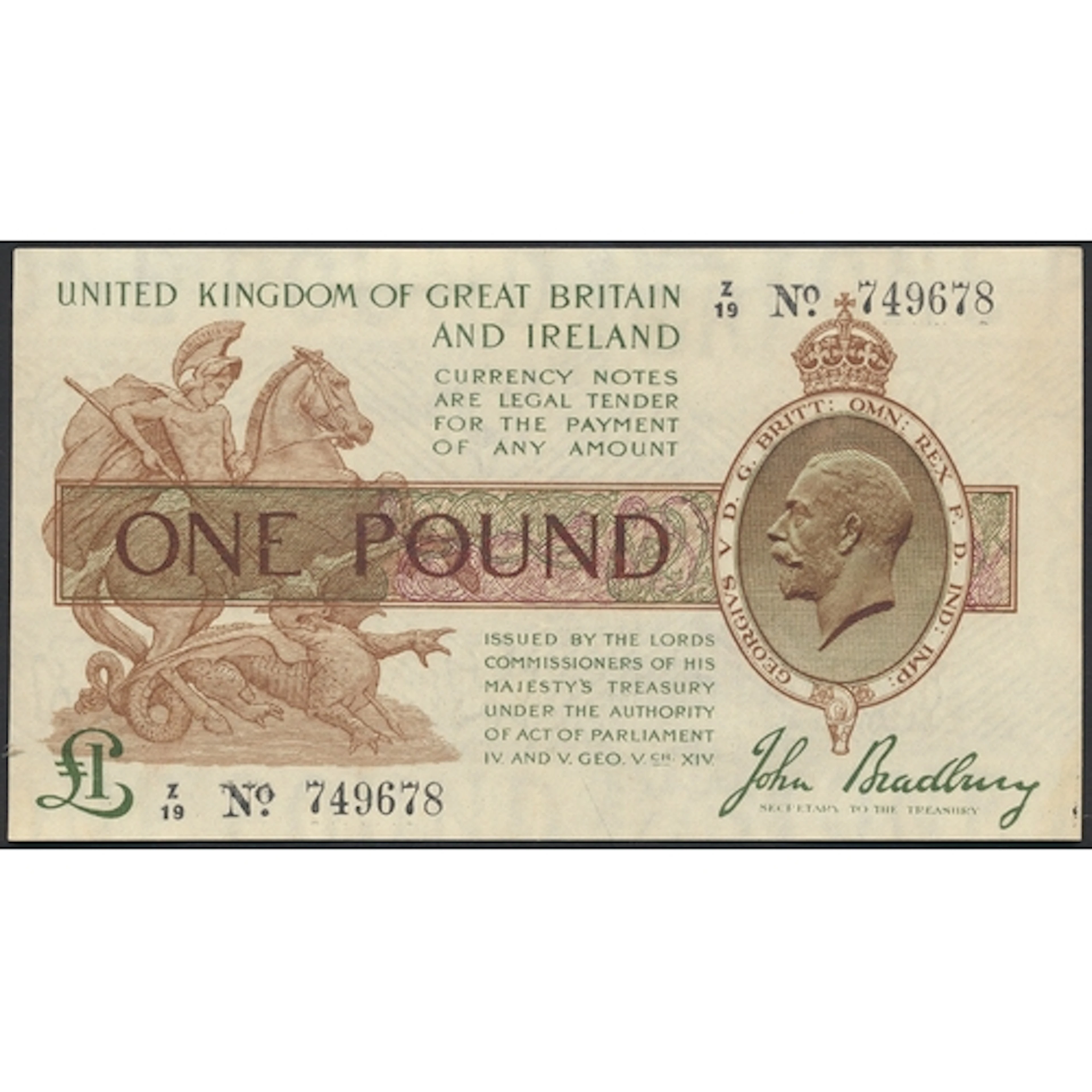 J.S. Bradbury. £1 Z/19 749678 control note extremely fine. (...