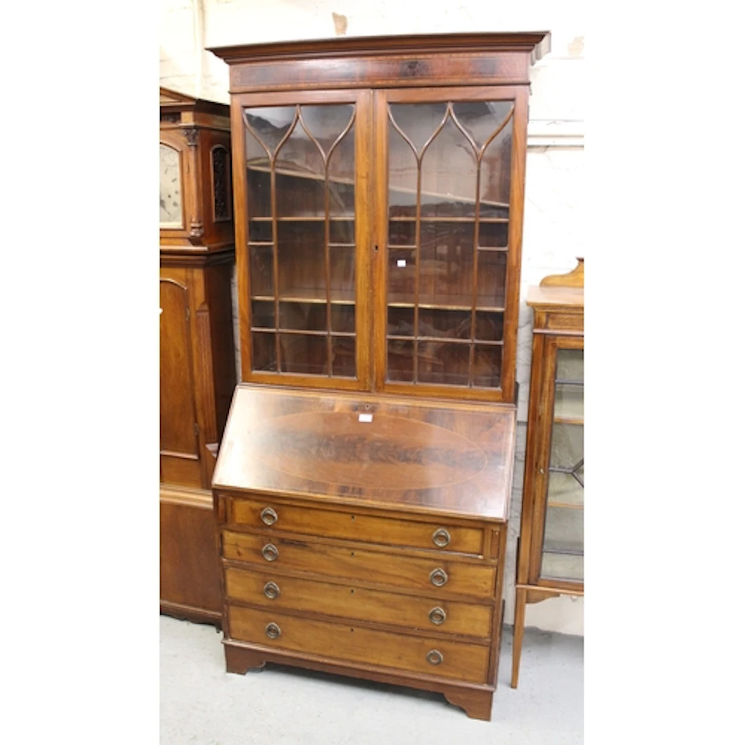 Edwardian mahogany satinwood and boxwood inlaid bureau bookc...