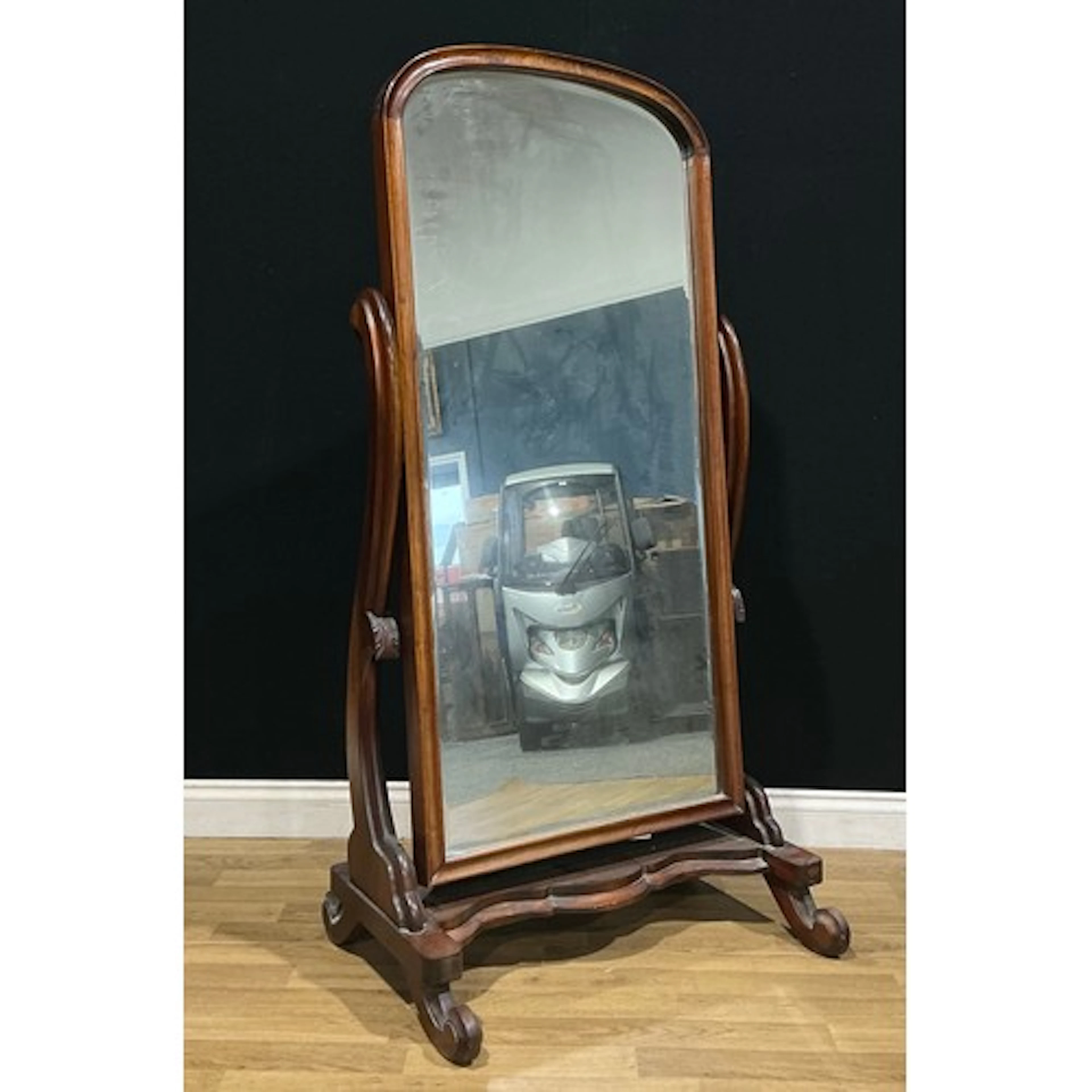 A Victorian style mahogany cheval mirror, bevelled plate, 15...