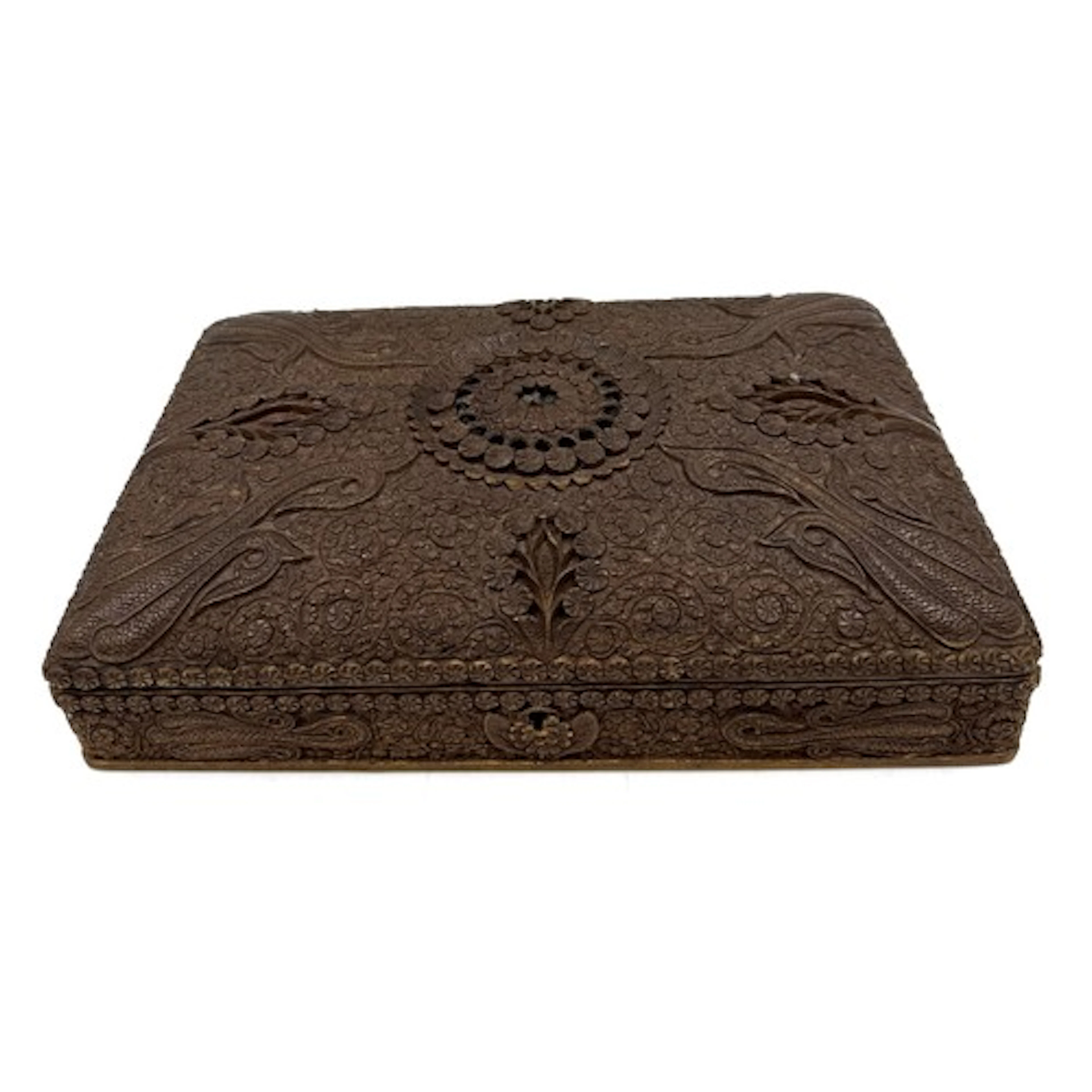 Hardwood carved box 29cm x 19cm and contents comprising vint...