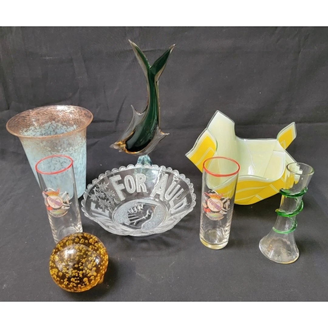 SELECTION OF DECORATIVE GLASS ITEMS including a yellow and w...