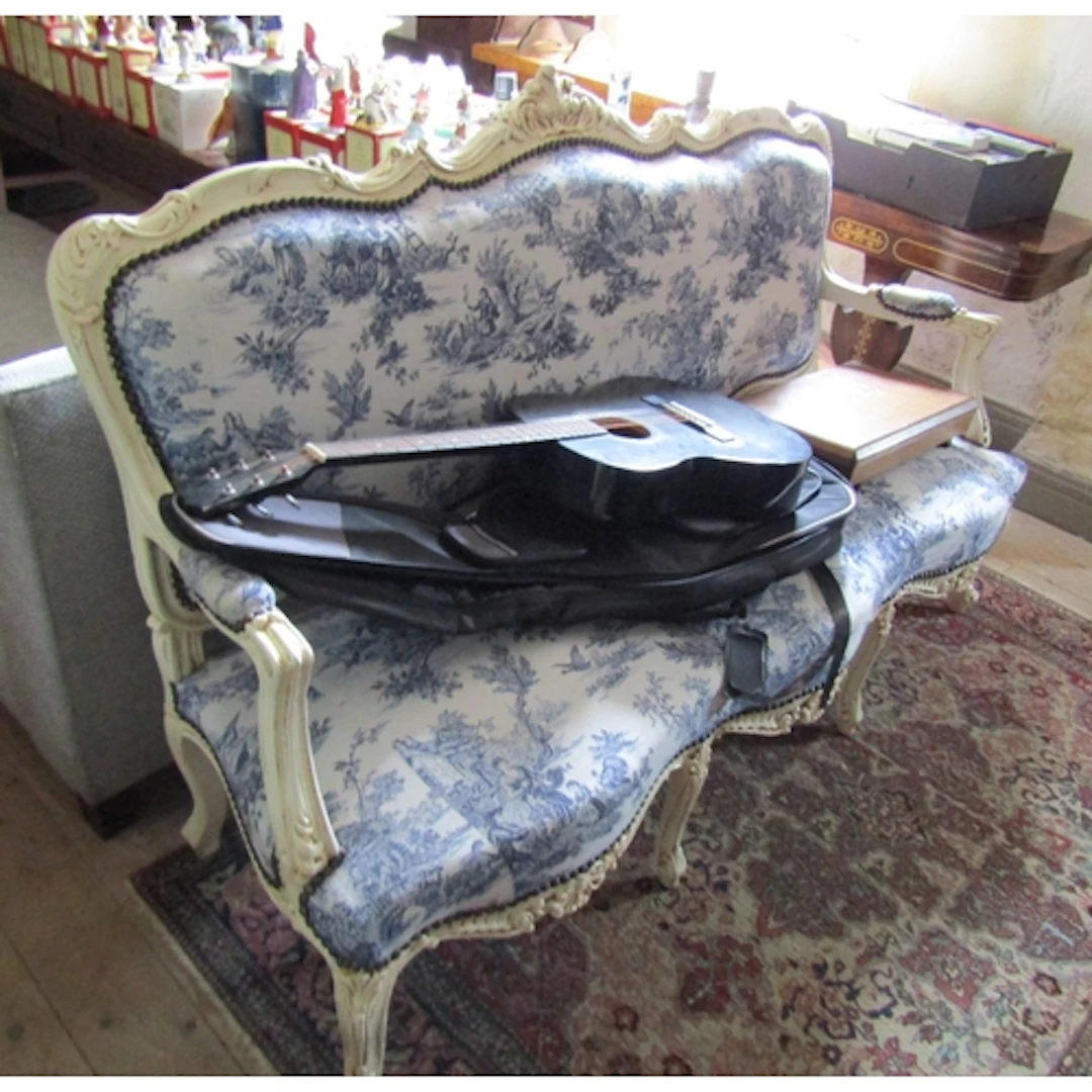 Drawing Room Settee Blue and White Fabric Above Cabriole Sup...
