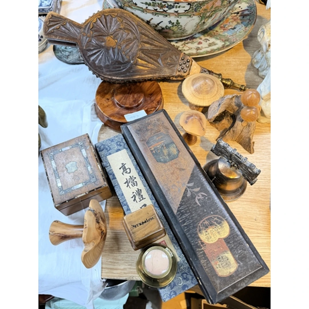 A selection of collectables including small bellows, wooden ...