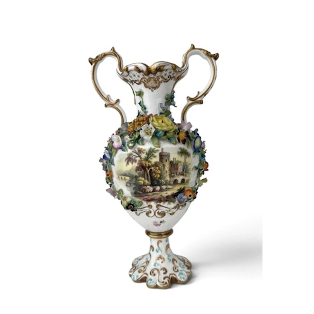 A COALBROOKDALE FLORAL ENCRUSTED TWO-HANDLED BALUSTER VASE P...