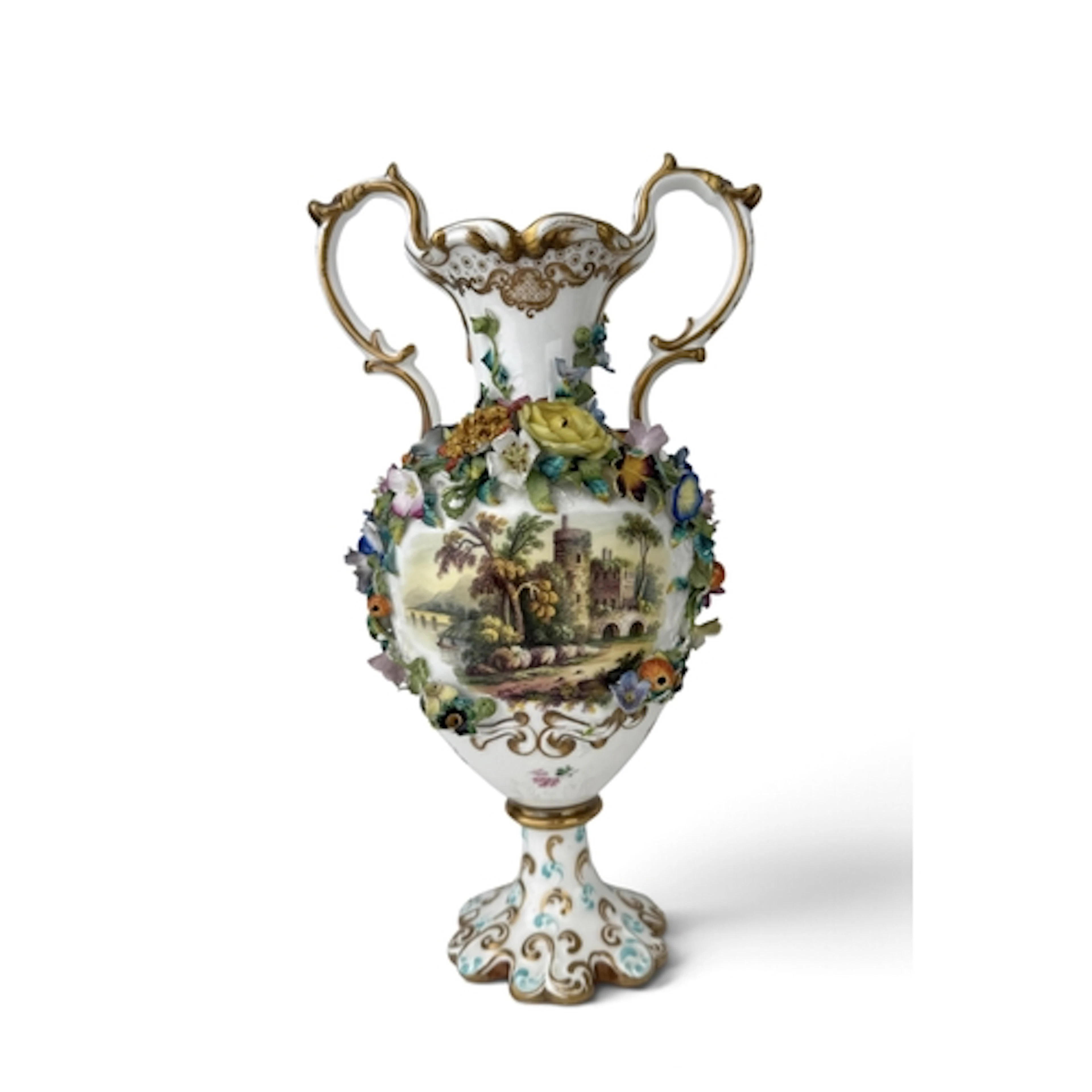 A COALBROOKDALE FLORAL ENCRUSTED TWO-HANDLED BALUSTER VASE P...
