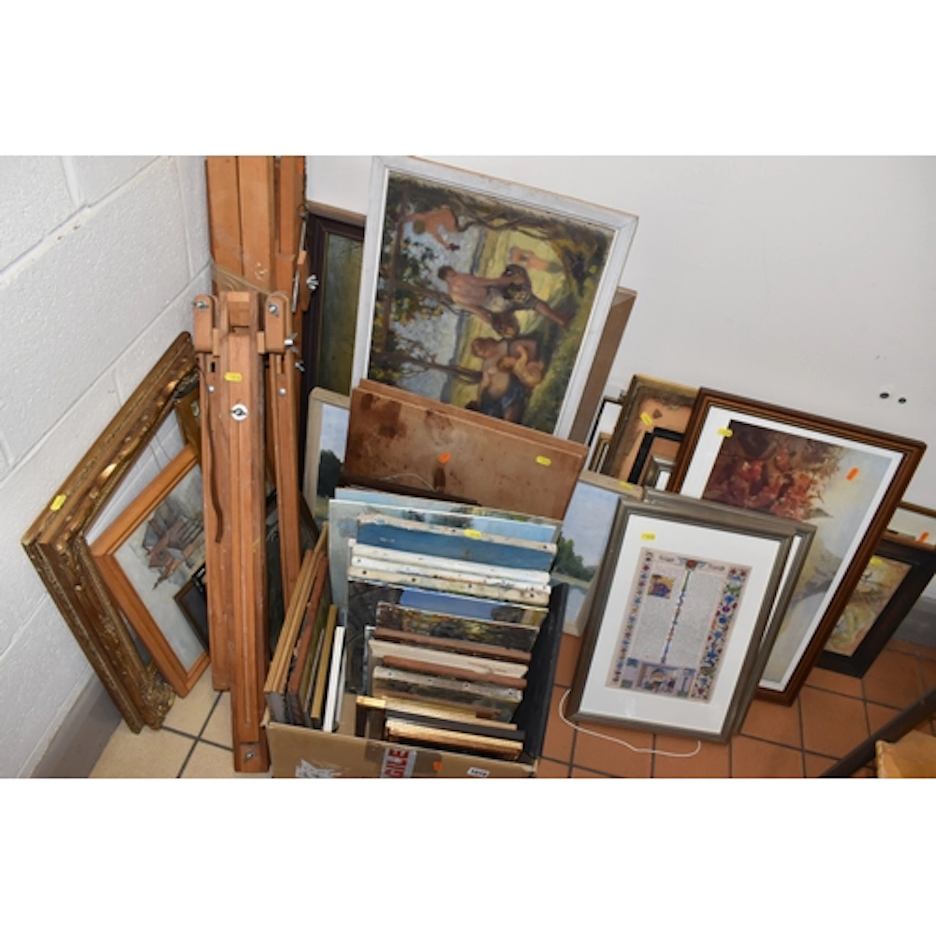A LARGE QUANTITY OF ASSORTED FRAMED PICTURES AND TWO EASELS ...