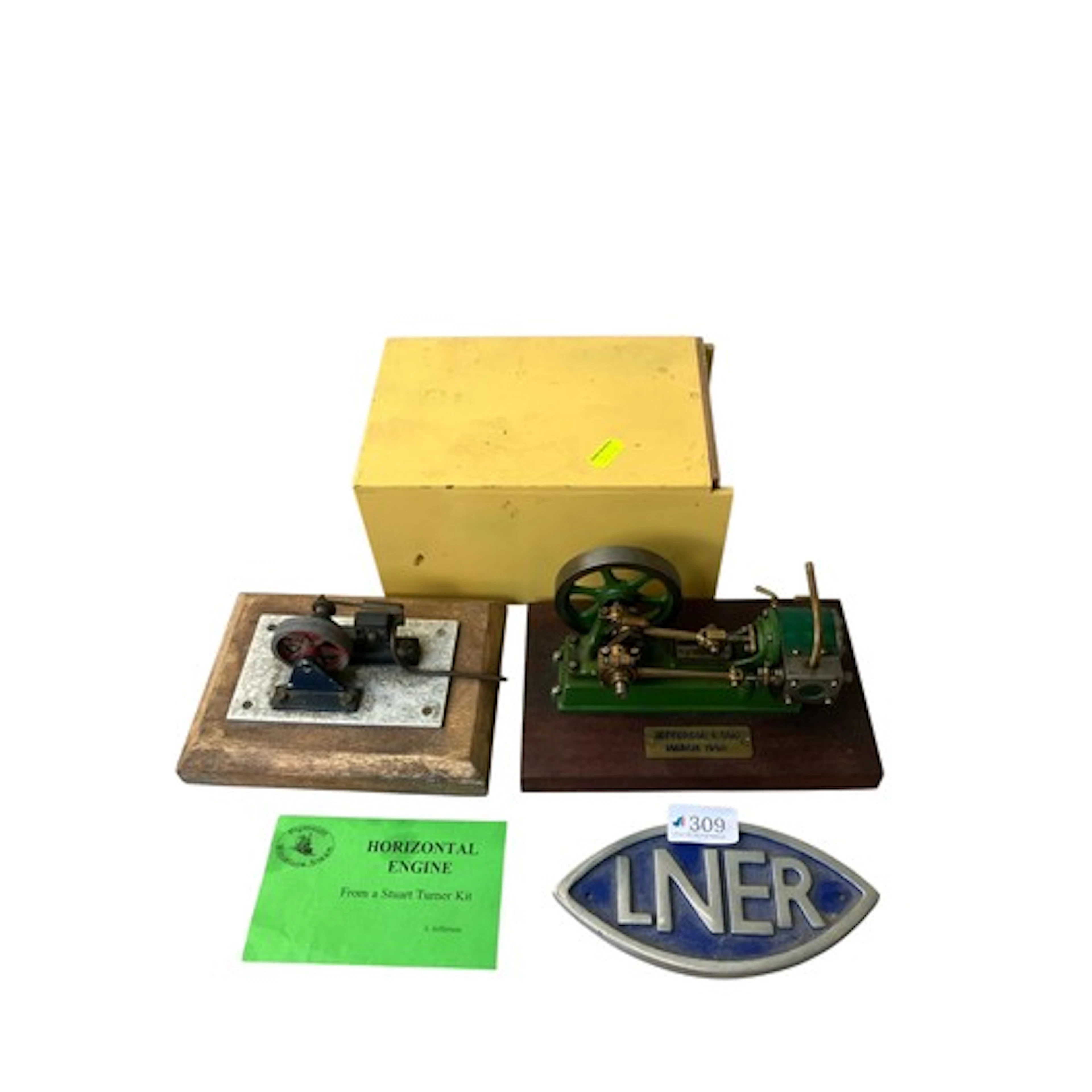 2 x horizontal steam engines, mounted on wooden bases (1 fro...