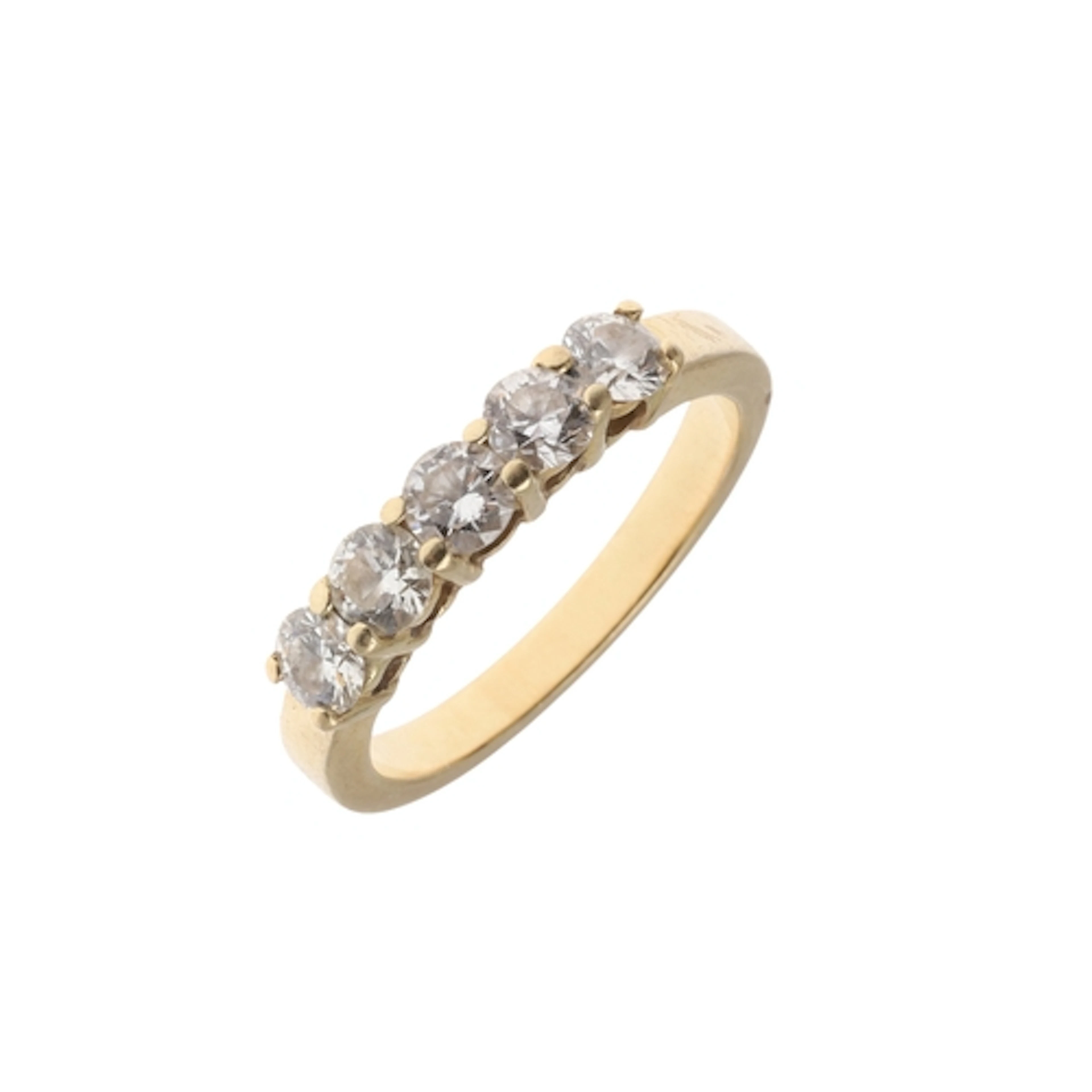 A DIAMOND FIVE STONE RING. mounted with five uniform circula...