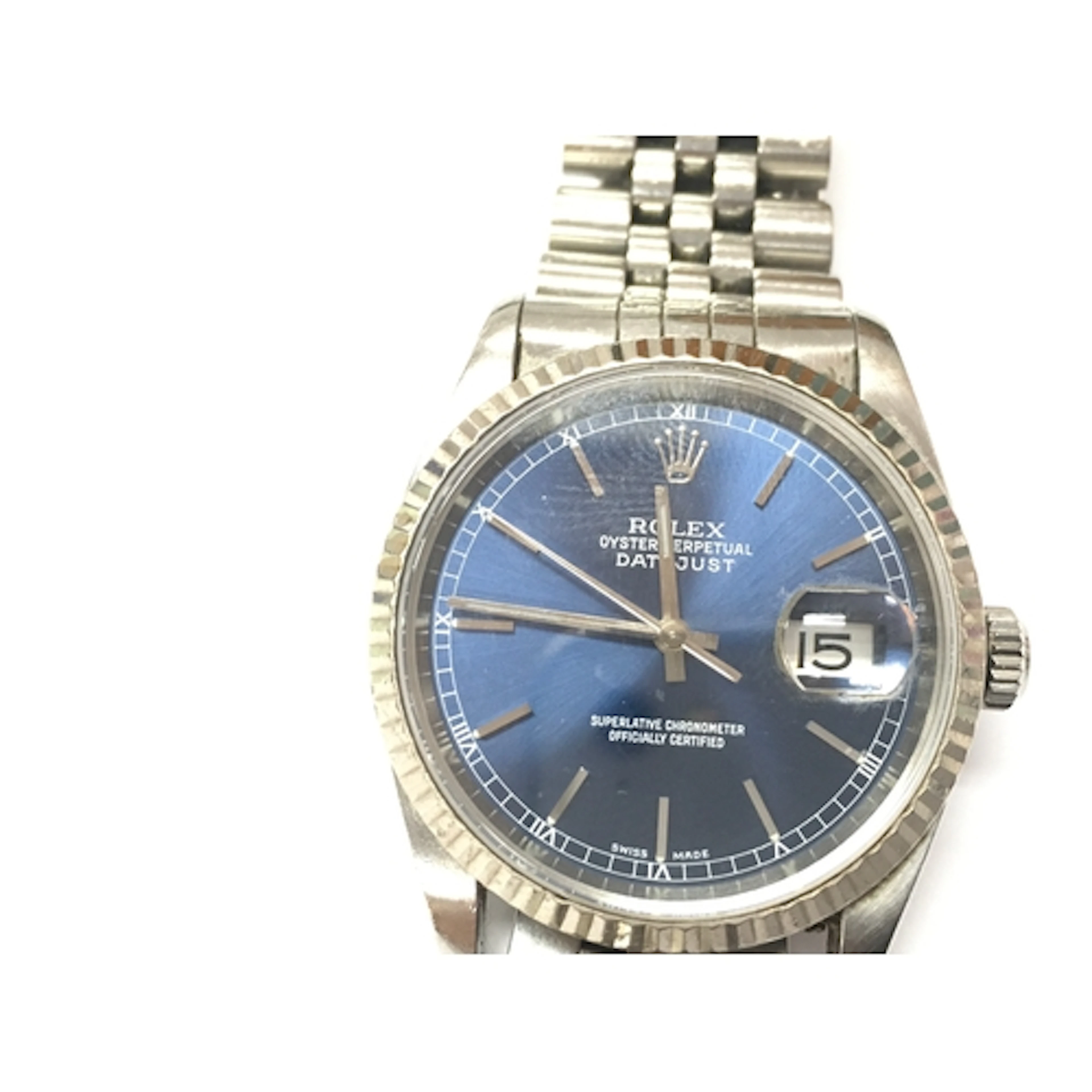 Rolex Datejust 16234 features a vibrant blue dial with Roman...
