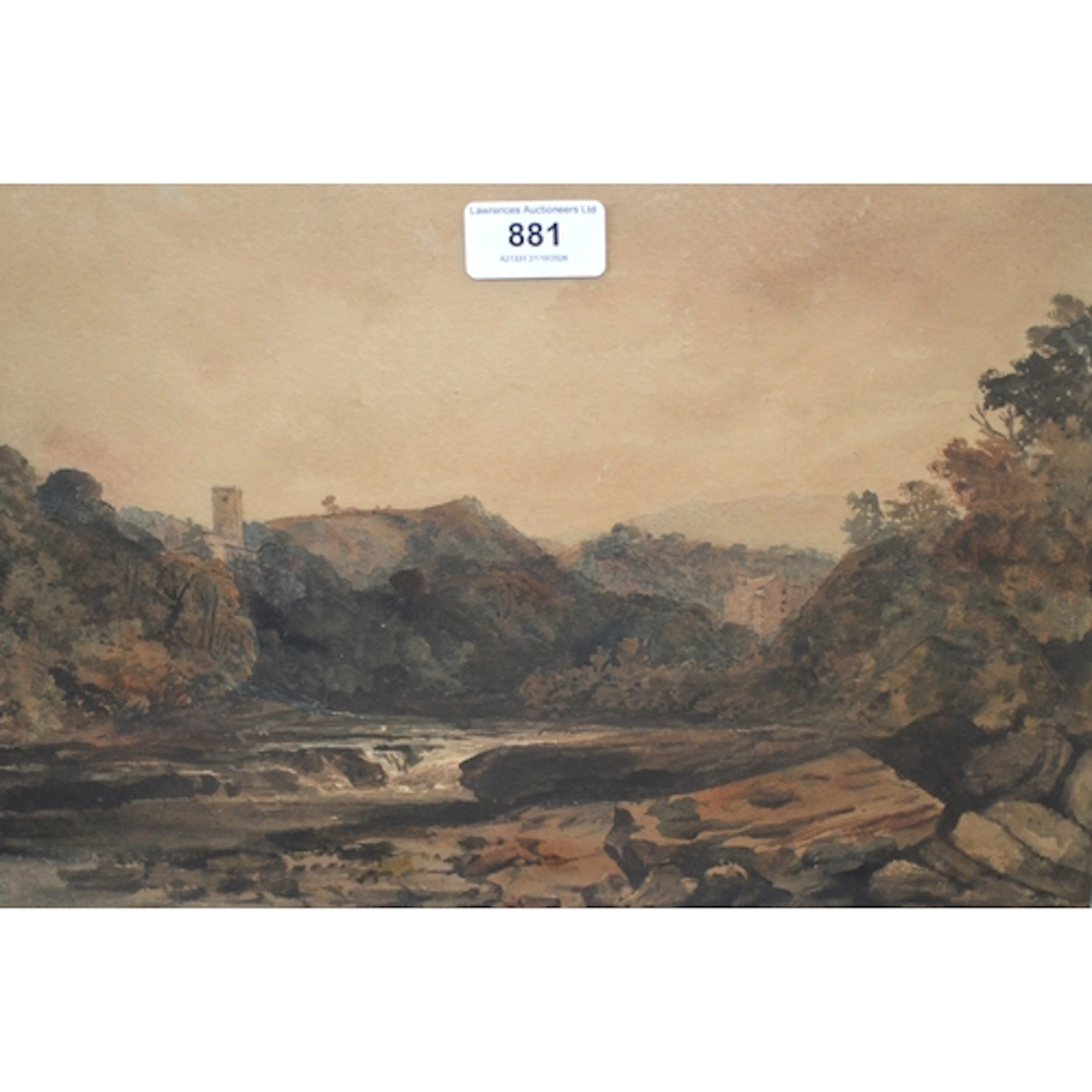 Attributed to Peter De Wint, watercolour, rocky river landsc...