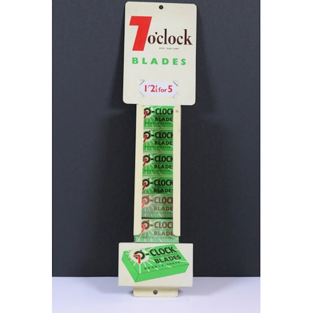 Advertising - 7 o'clock Blades shaving shop display stand in...