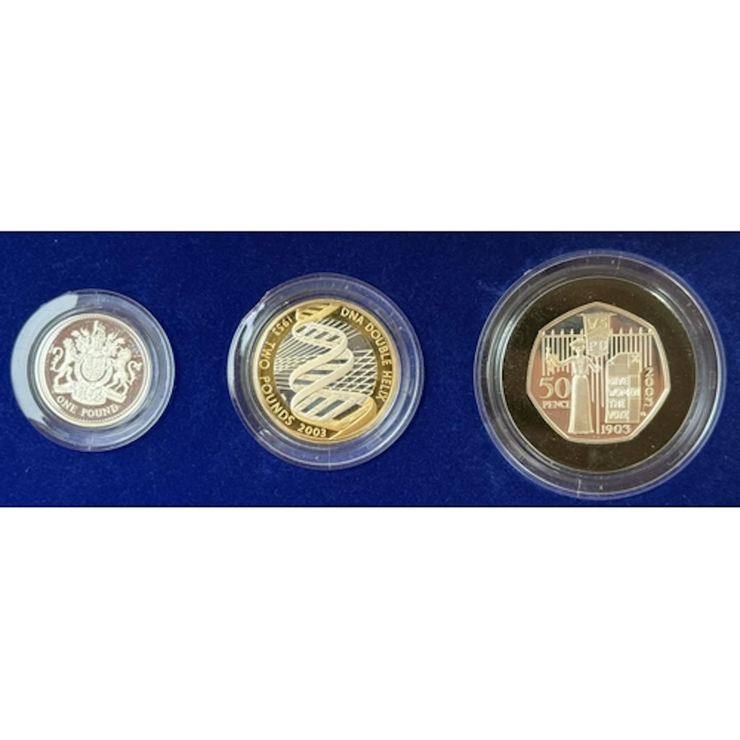 A pair of UK 2003 Silver Proof Piedfort 3-Coin Collections, ...