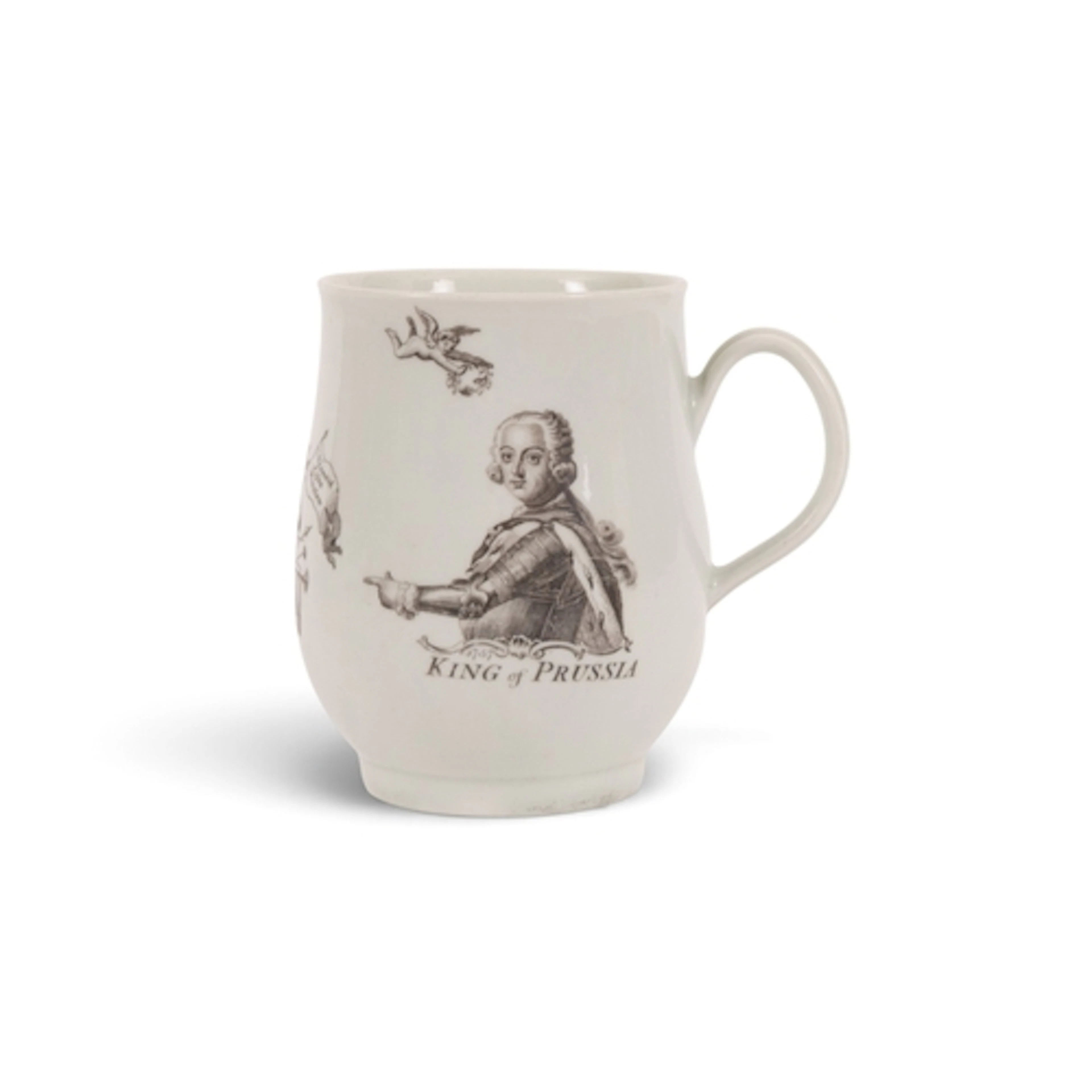 A Worcester bell-shaped King of Prussia mug, c.1757, printed...