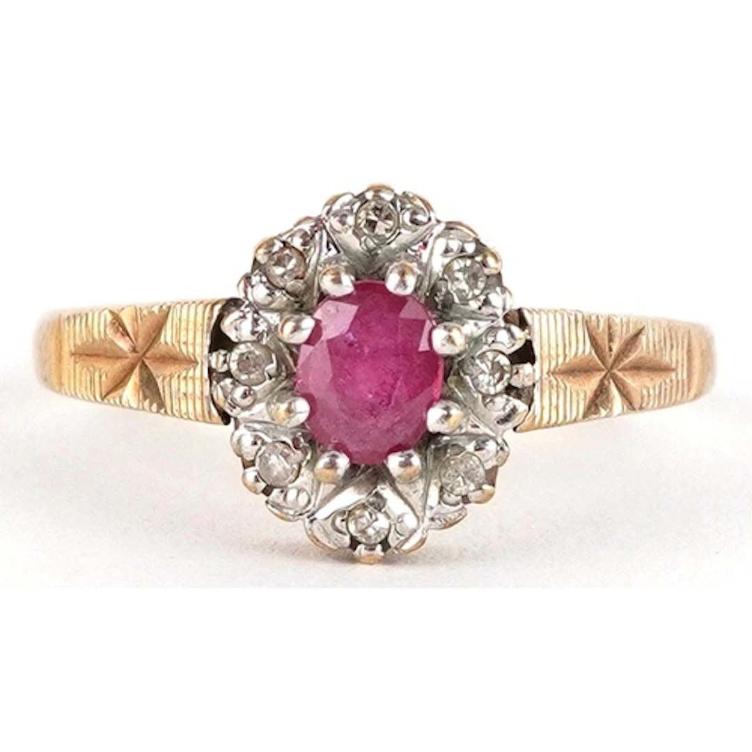 9ct gold ruby and diamond cluster ring with engraved shoulde...