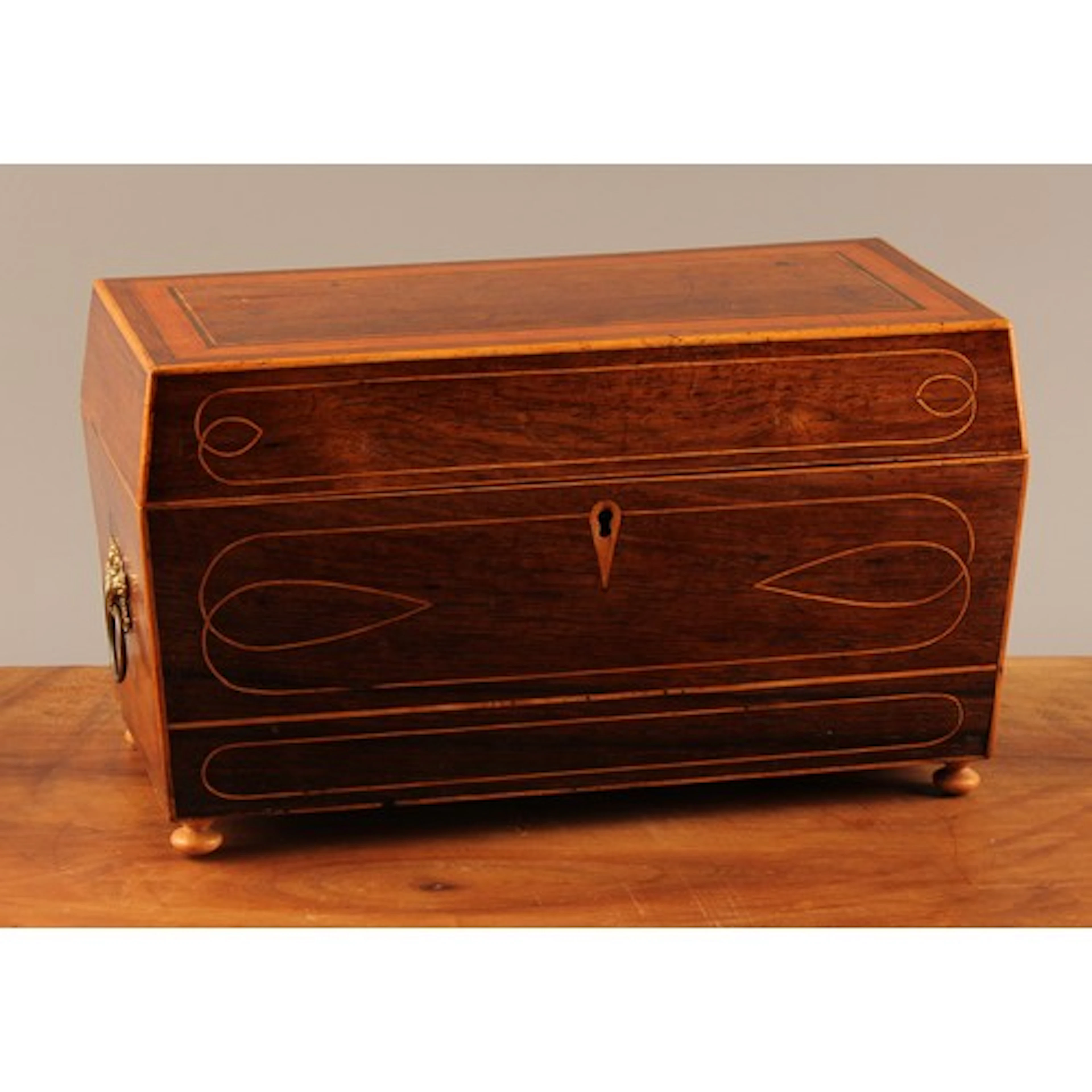A Regency rosewood and marquetry inlaid tea caddy, of sarcop...